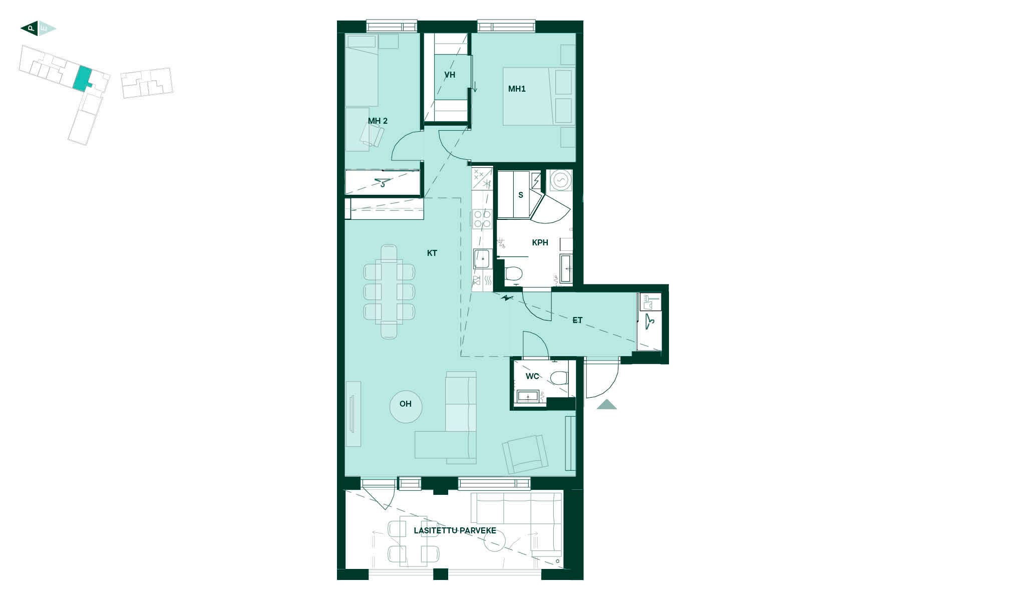Uudiskohteet Espoo Tapiola Tuulikello 2 asunnot B32, B36, B40 ja B44 pohjapiirros