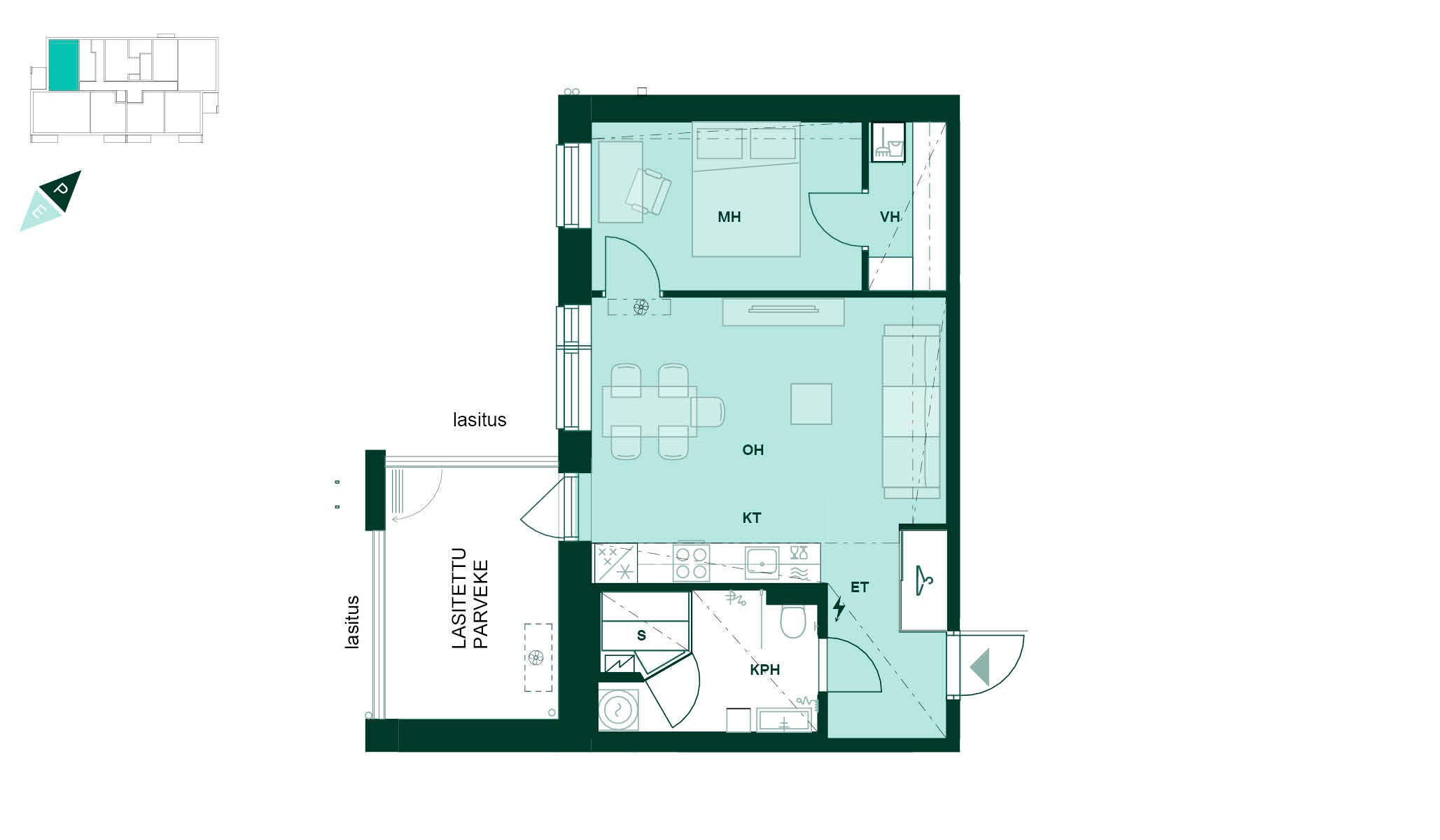 Bonavan uudiskohde Turun Silmu ja pohjapiirros 48-neliöisestä kaksiosta Turun Kirstinpuistossa.