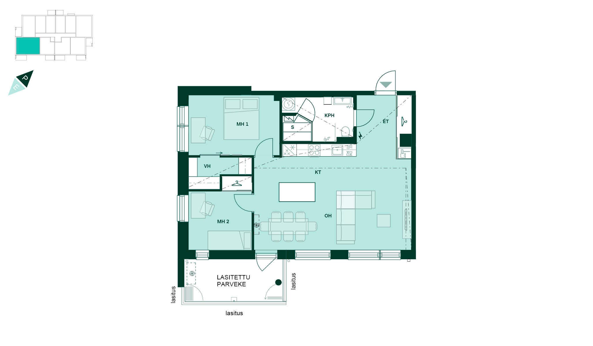 Bonavan uudiskohde Turun Silmu ja pohjapiirros 74-neliöisestä kolmiosta Turun Kirstinpuistossa.