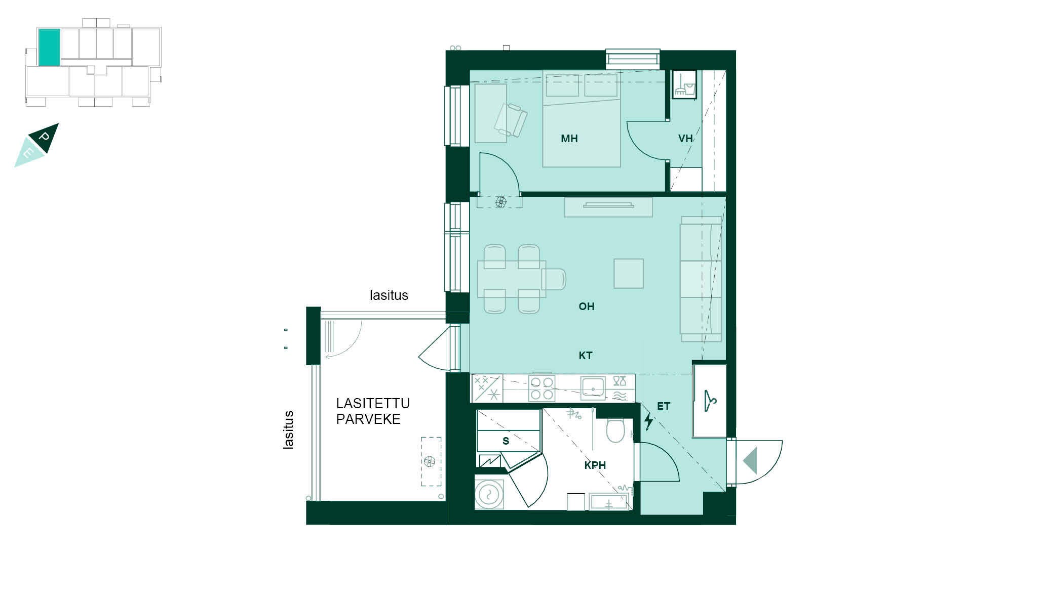 Bonavan uudiskohde Turun Silmu ja pohjapiirros 48-neliöisestä kaksiosta Turun Kirstinpuistossa.