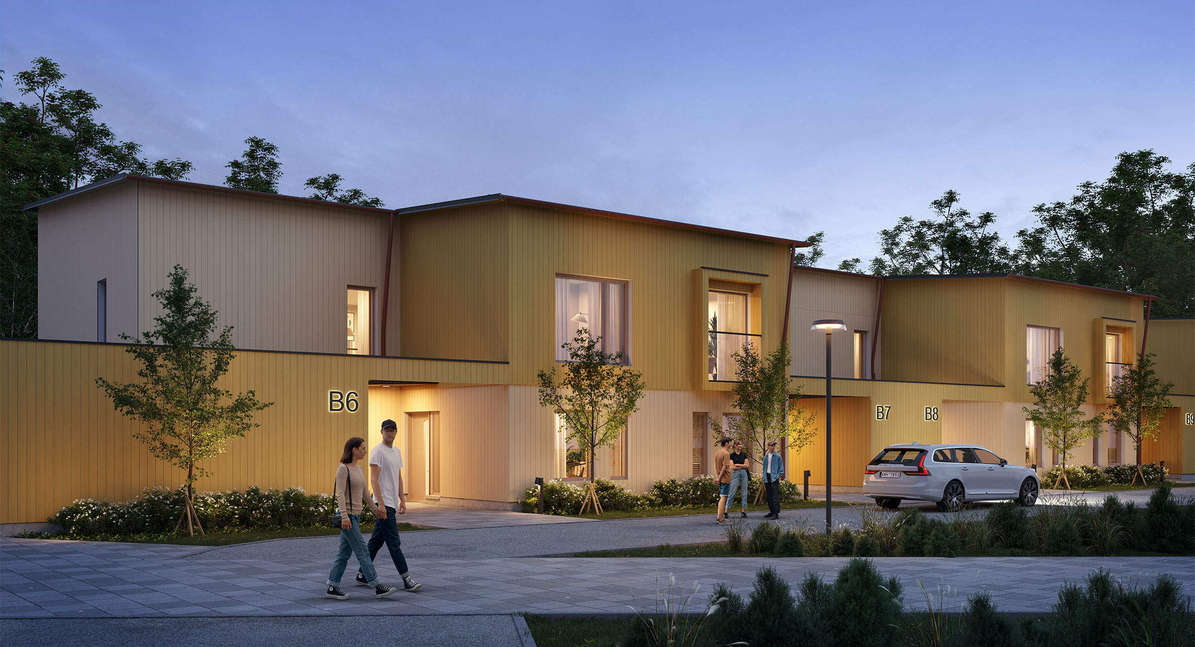 Visualisointikuva: Espoon Tuulikello 3 - A-talossa on viisi kaksikerroksista rivitalokotia ja B-talossa neljä kaksikerroksista rivitalokotia.