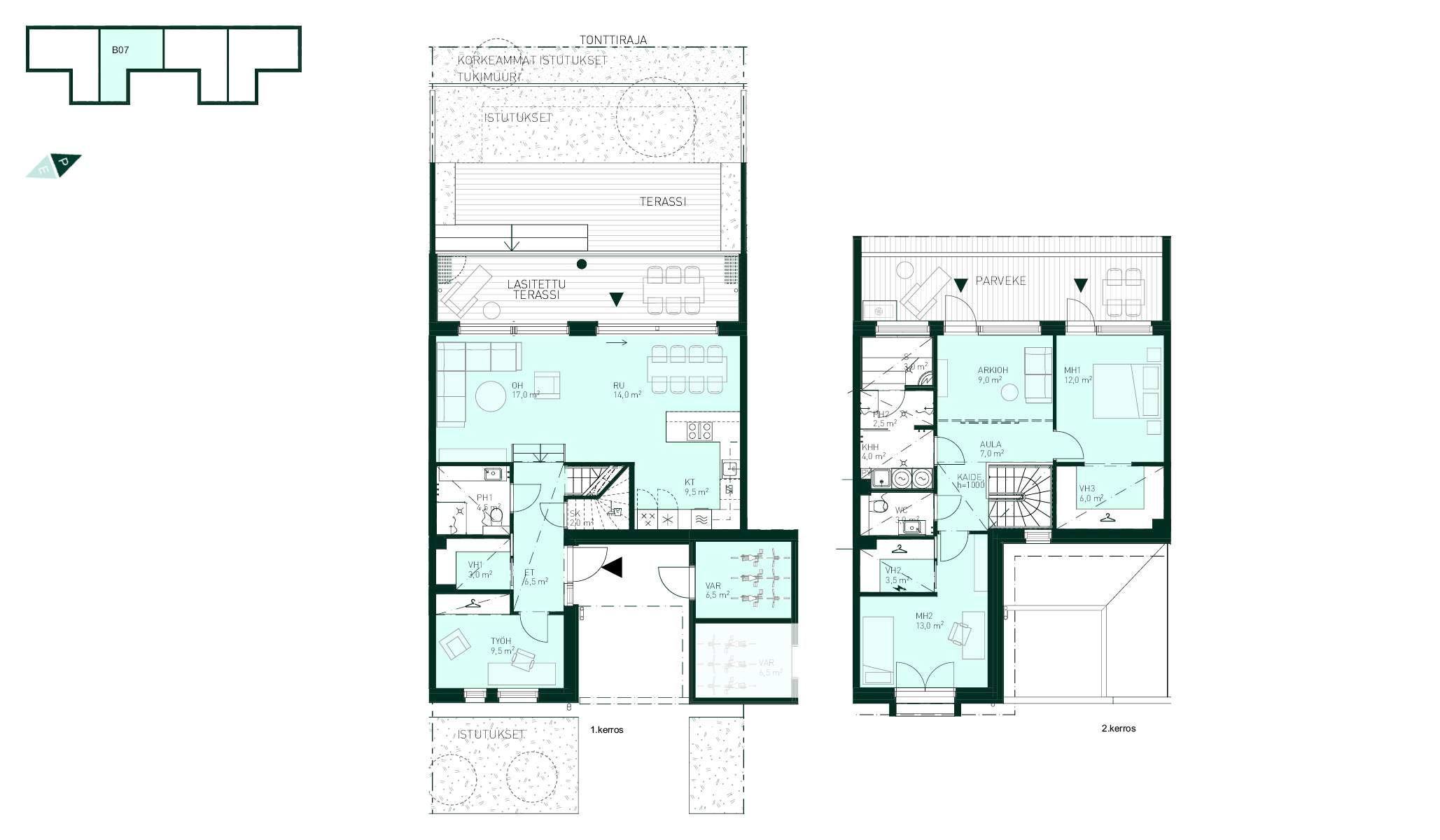 Rivitaloasunto Espoo Tapiola Tuulikello 3 B 7, (5h+kt+s, 135,5 m² + varasto 6,5 m²).