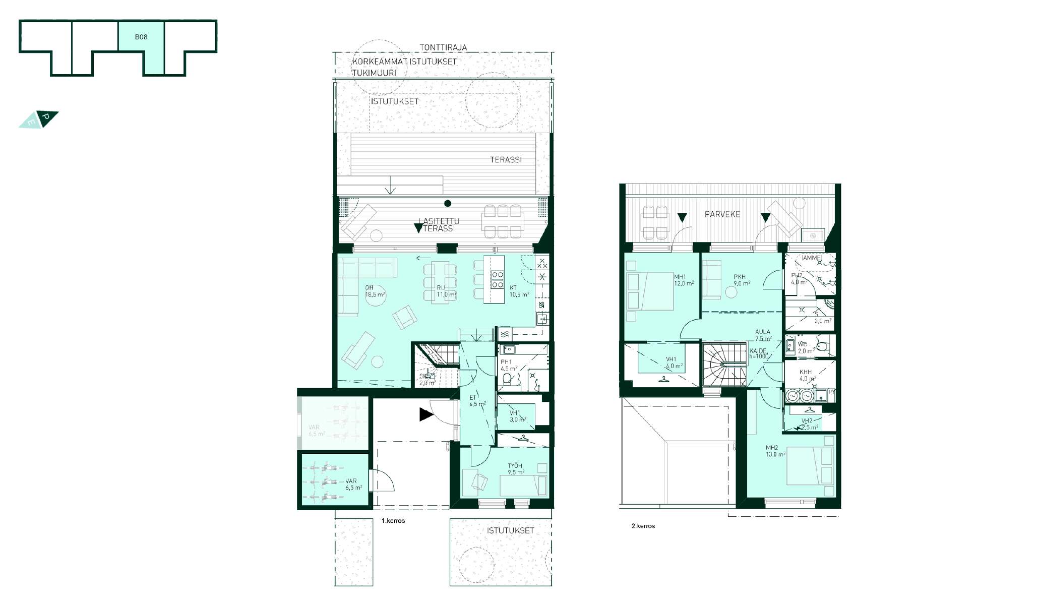 Rivitaloasunto Espoo Tapiola Tuulikello 3 B 8, (5h+kt+s, 135 m² + varasto 6,5 m²).