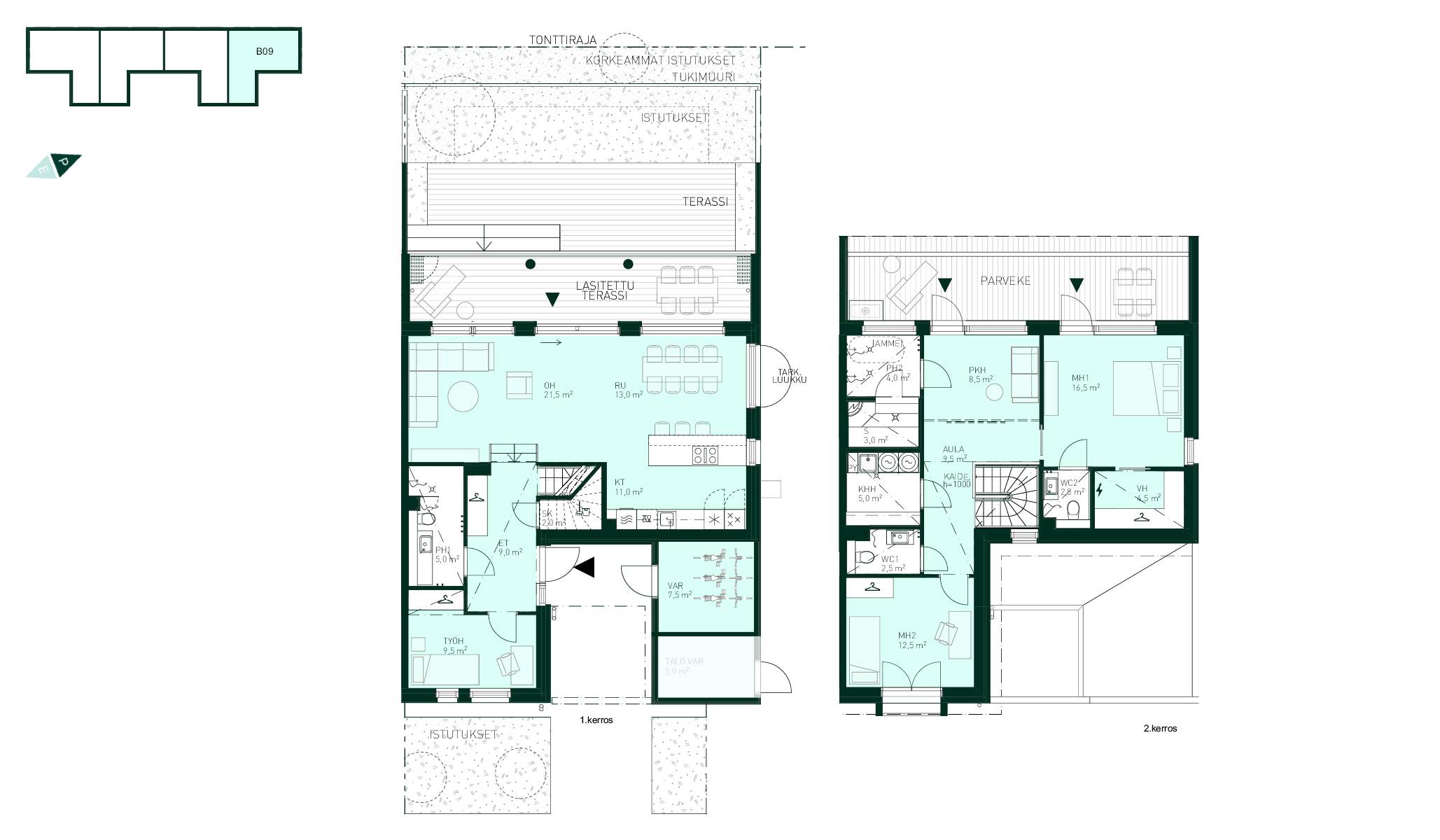 Rivitaloasunto Espoo Tapiola Tuulikello 3 B 9, (5h+kt+s, 146 m² + varasto 7,5 m²).