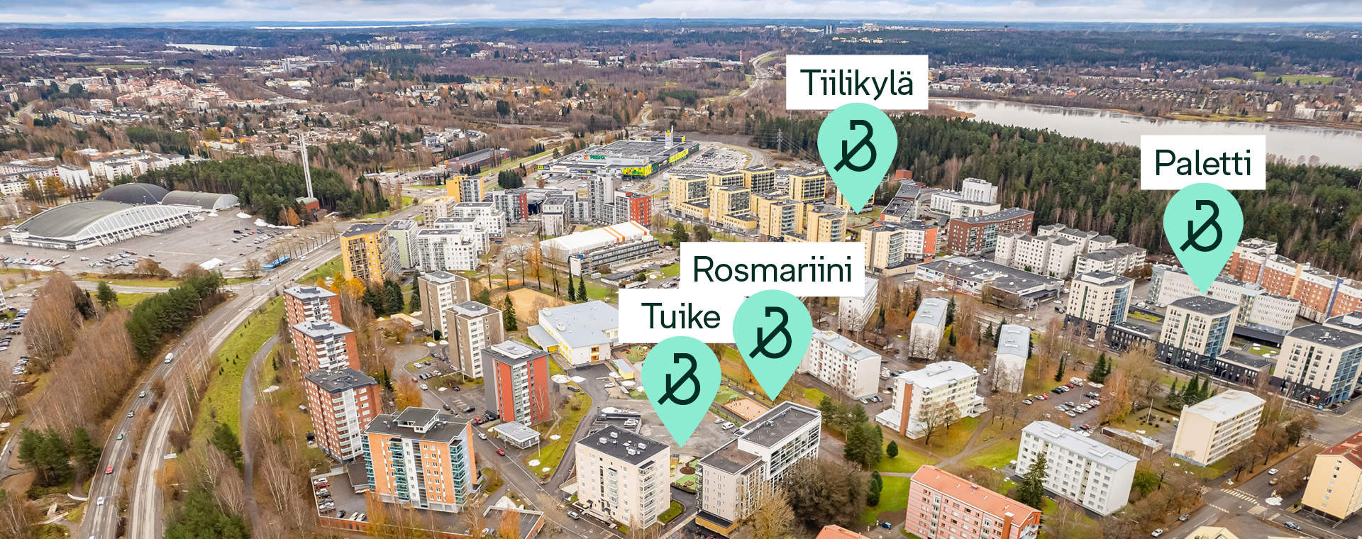 Pellervon kortteli | Tampereen Tuike Ilmakuva Kalevan Pellervon korttelista. Kuvassa näkyy uusia kerrostaloja vehreän ympäristön keskellä sekä niiden sijaintimerkinnät: Tiilikylä, Rosmariini ja Tuike. Kortteli sijaitsee lähellä Kalevan palveluita.