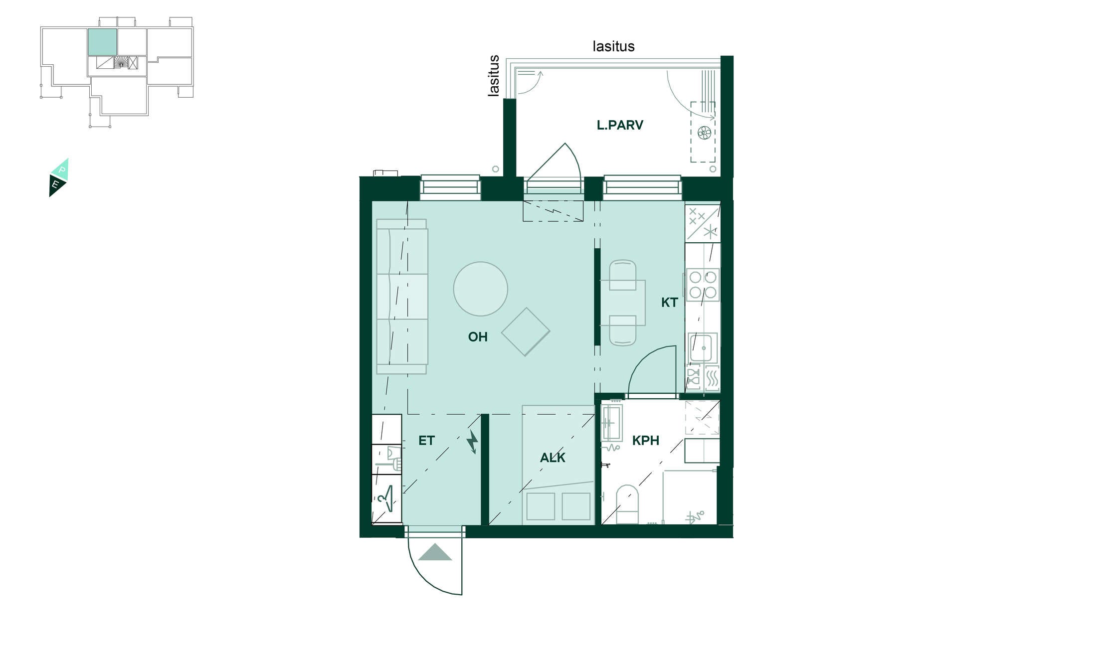 Bonavan uudiskohde Tampereen Kalevassa, Tampereen Tuike: Asunnon pohjapiirros: 31,5 m², 1h+kt.
