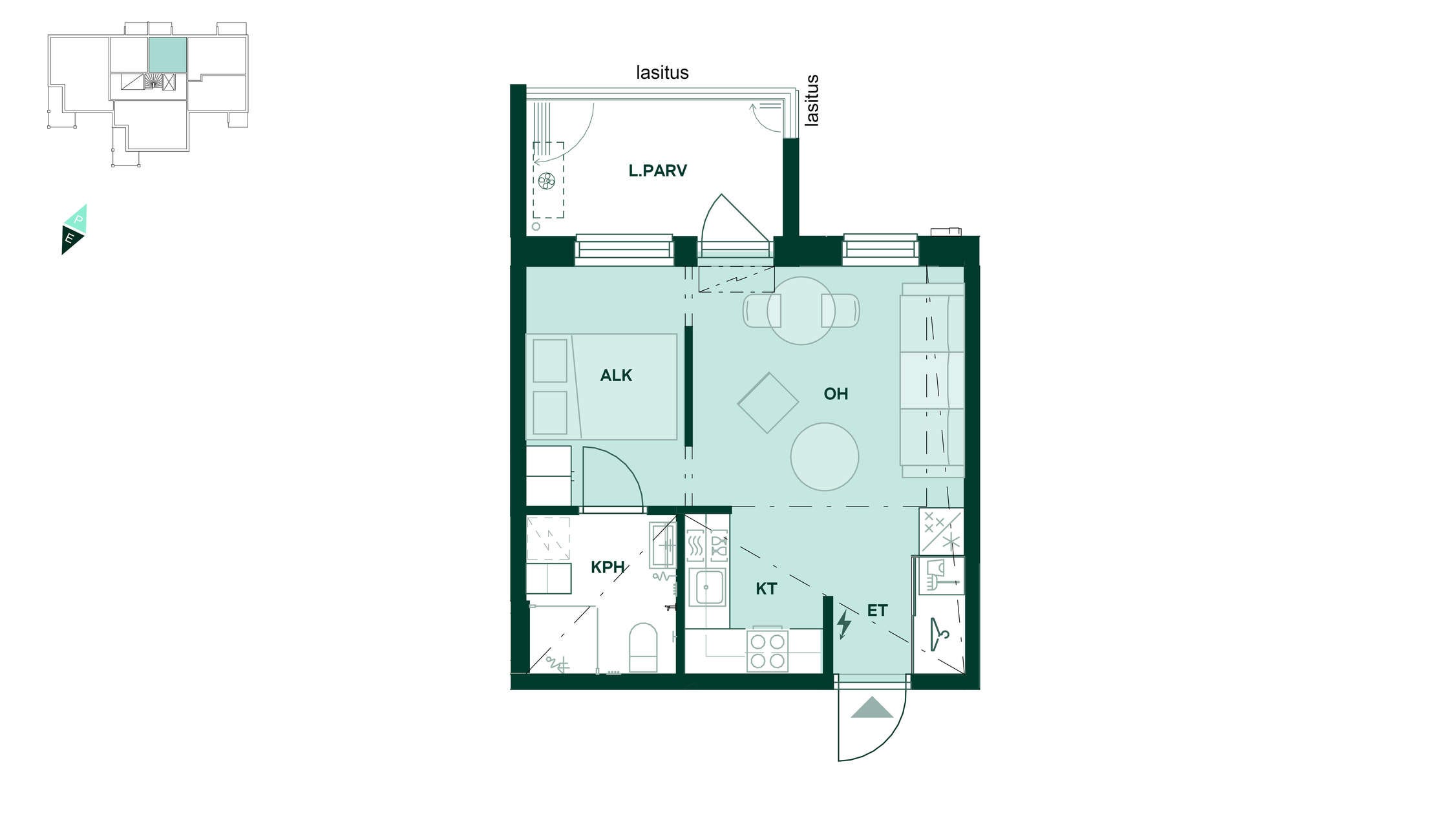 Bonavan uudiskohde Tampereen Kalevassa, Tampereen Tuike: Asunnon pohjapiirros: 31,5 m², 1h+kt.