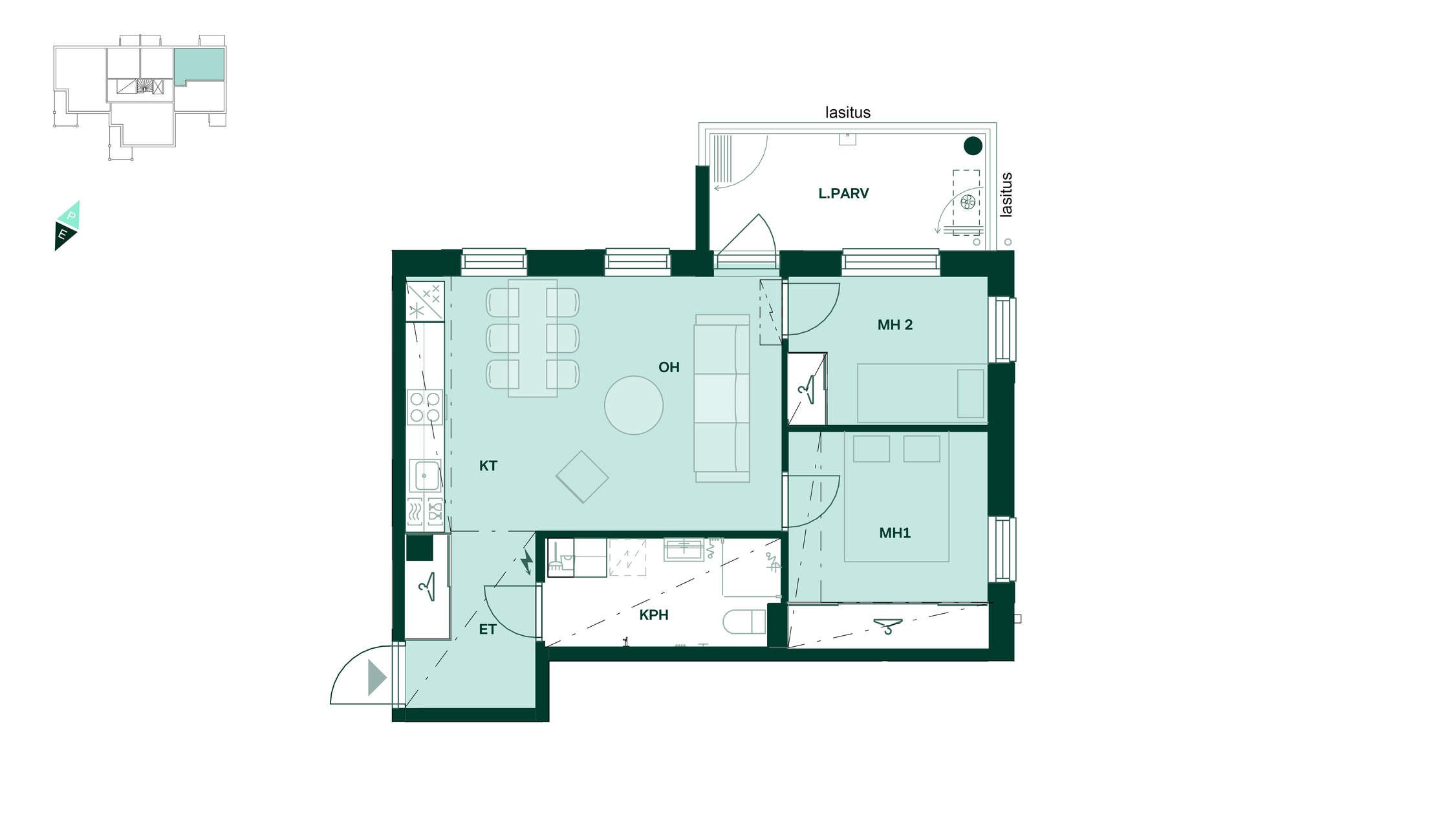 Bonavan uudiskohde Tampereen Kalevassa, Tampereen Tuike. Vaihtoehtoinen pohjaratkaisu: 52,5 m², 3h+kt.