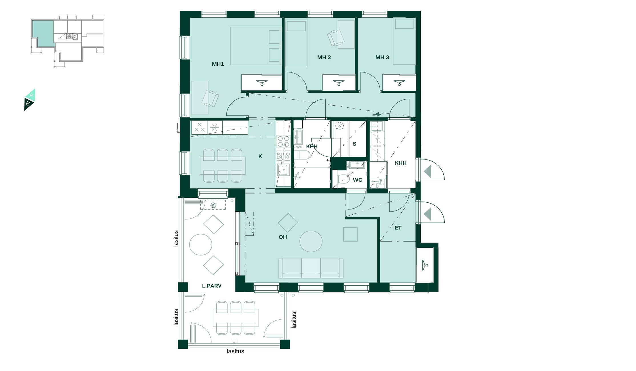 Asunnon pohjapiirros: 93,5 m², 4-6h+k+khh+s Bonavan uudiskohde Tampereen Kalevassa, Tampereen Tuike: Asunnon pohjapiirros: 93,5 m², 4-6h+k+khh+s.