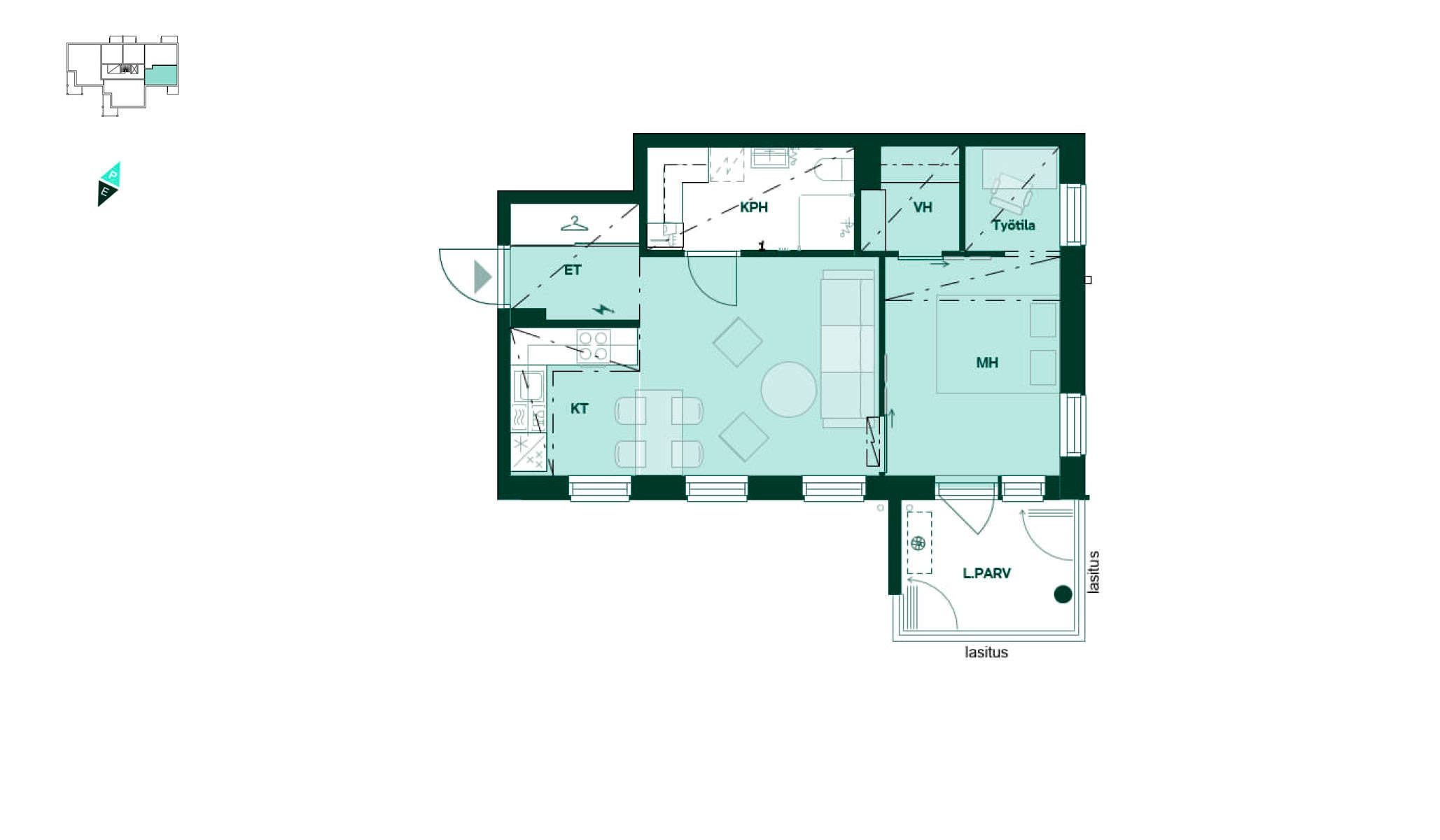 Bonavan uudiskohde Tampereen Kalevassa, Tampereen Tuike: Asunnon pohjapiirros: 45,5 m², 2h+kt.