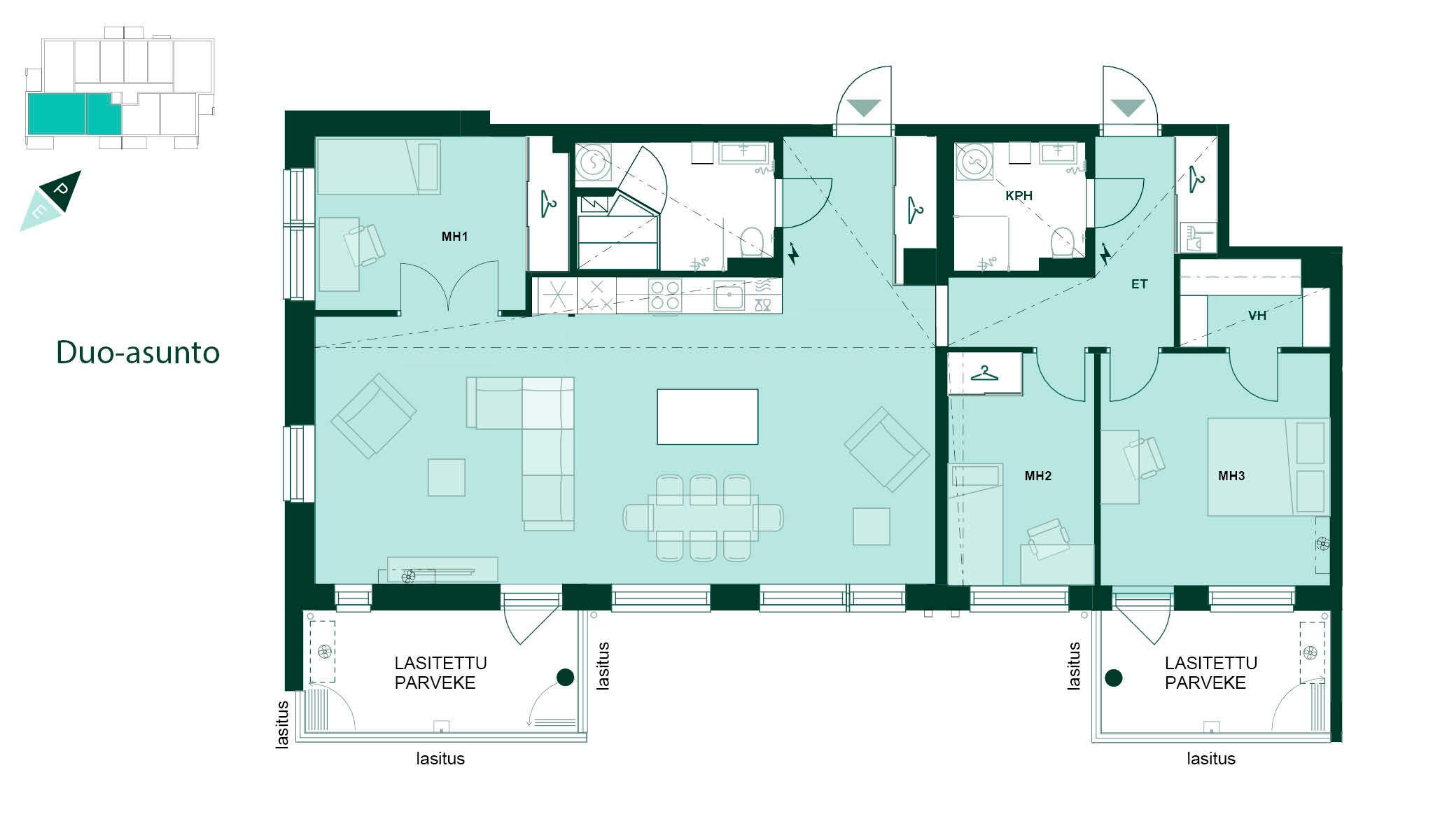 Duo-kodin pohjapiirros Turun Silmun uudiskohteessa Kirstinpuistossa.