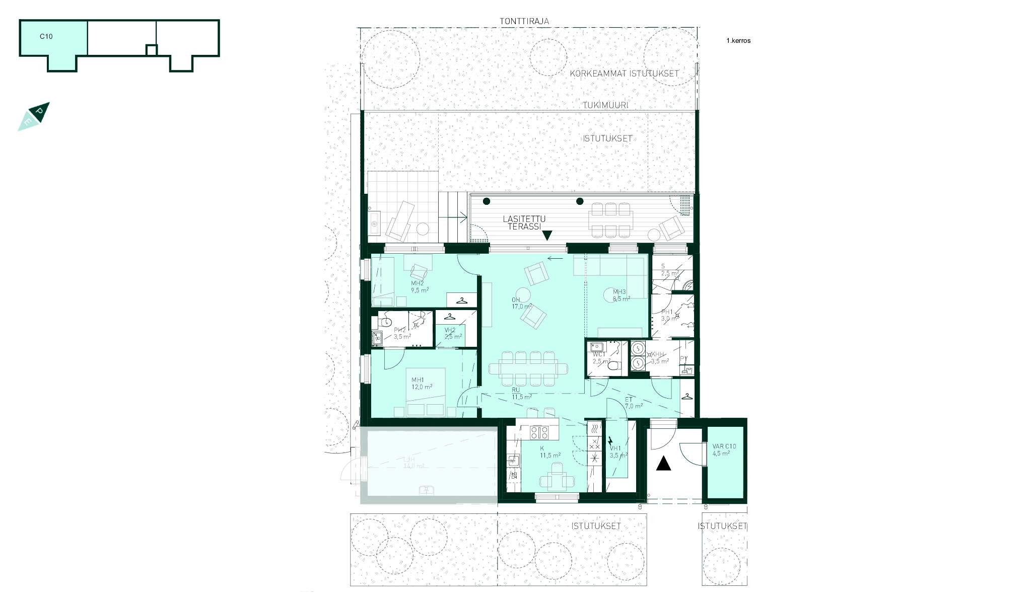 Kodin pohjapiirros Tuulikello 3 C 10 (3h+k+s, 103 m² + varasto 4,5 m²) Pohjapiirros - Asunnon pohjapiirros: Kolme makuuhuonetta (MH1 12 m², MH2 9,5 m², MH3 8,5 m²), olohuone, keittiö, kaksi kylpyhuonetta, lasitettu terassi.