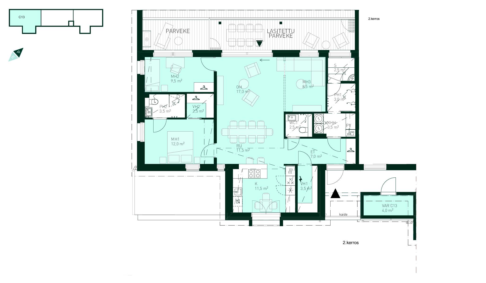 Kodin pohjapiirros Tuulikello 3 C 13 (3h+k+s, 103 m² + varasto 4 m²) Pohjapiirros - Asunnon pohjapiirros: Kolme makuuhuonetta (MH1 12 m², MH2 9,5 m², MH3 8,5 m²), olohuone, keittiö, kaksi kylpyhuonetta, lasitettu parveke.