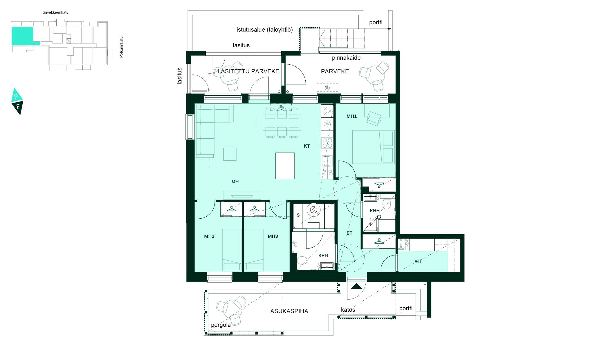 Pohjapiirros - Pohjakuva, 3–4h+kt+s, 81,5 m²: kolme makuuhuonetta, avokeittiö ja olohuone, sauna, kylpyhuone ja lasitettu parveke.