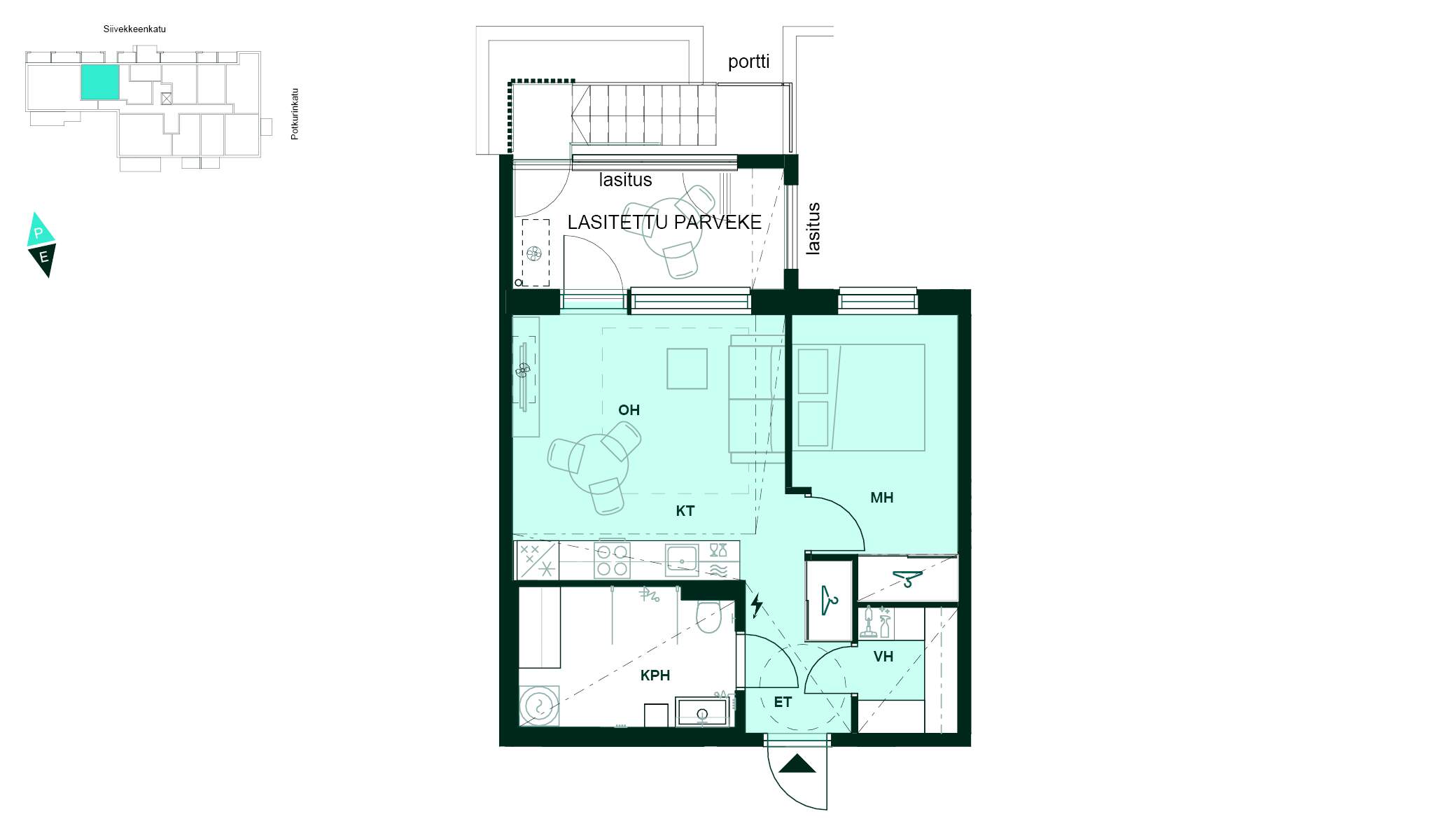 Pohjapiirros - Pohjakuva, 2h+kt+(s), 42 m²: makuuhuone, avokeittiö ja olohuone, kylpyhuone ja lasitettu parveke.
