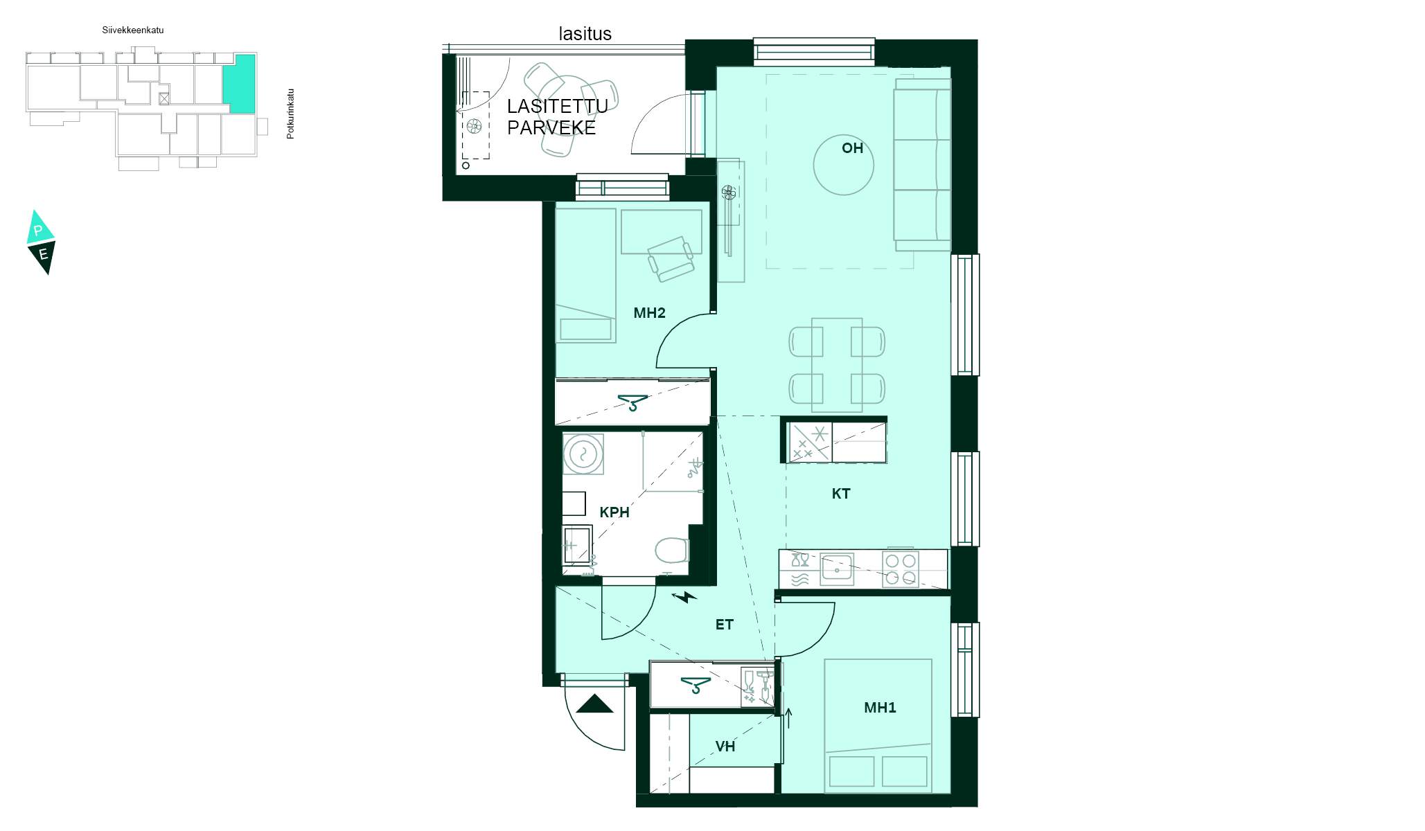 Pohjapiirros - Pohjakuva, 3h+kt, 56,5 m²: kaksi makuuhuonetta, avokeittiö ja olohuone, kylpyhuone ja lasitettu parveke.