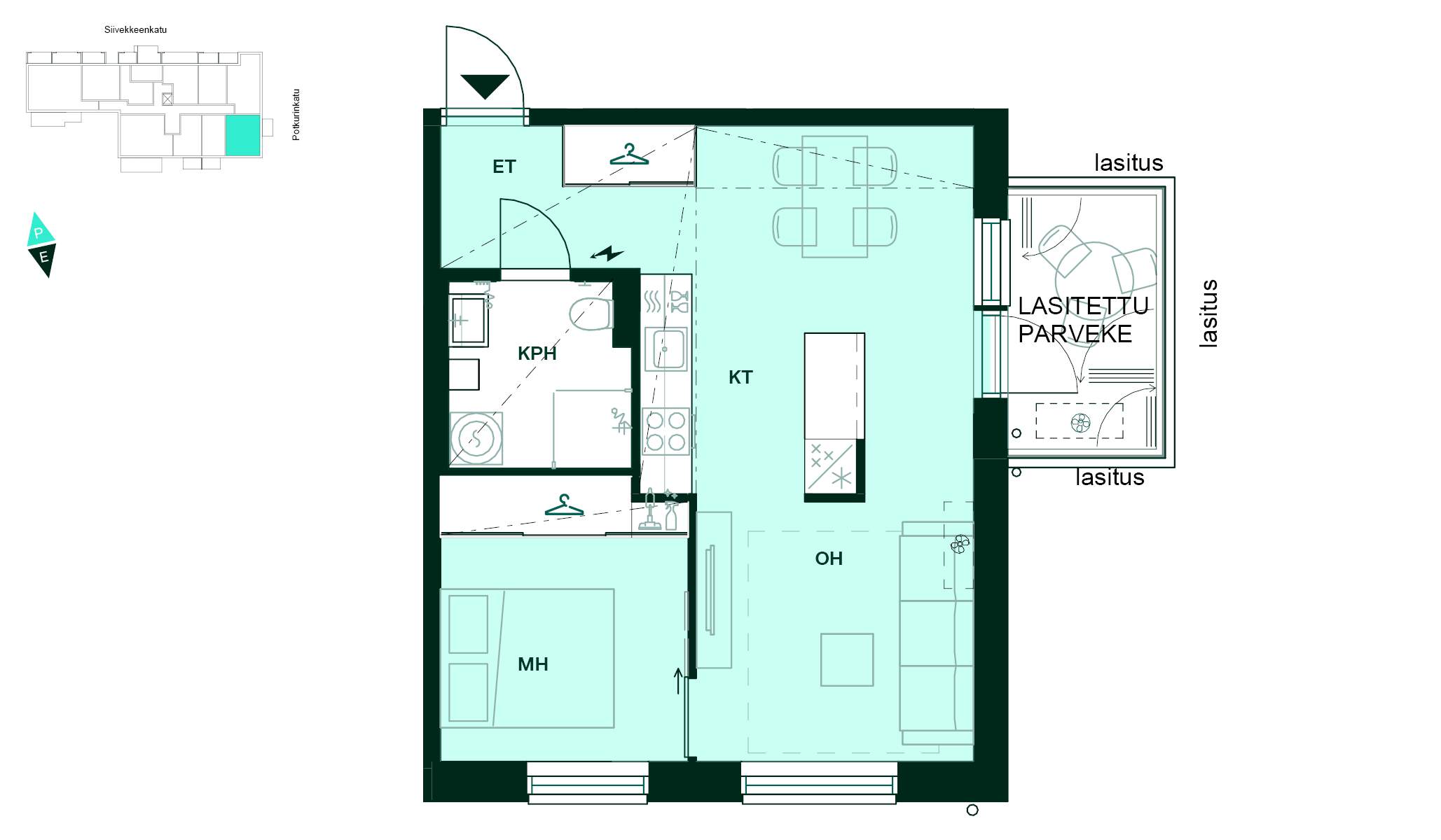 Pohjapiirros - Pohjakuva, 2h+kt, 45 m²: makuuhuone, avokeittiö, jossa saareke ja olohuone, kylpyhuone ja lasitettu parveke.