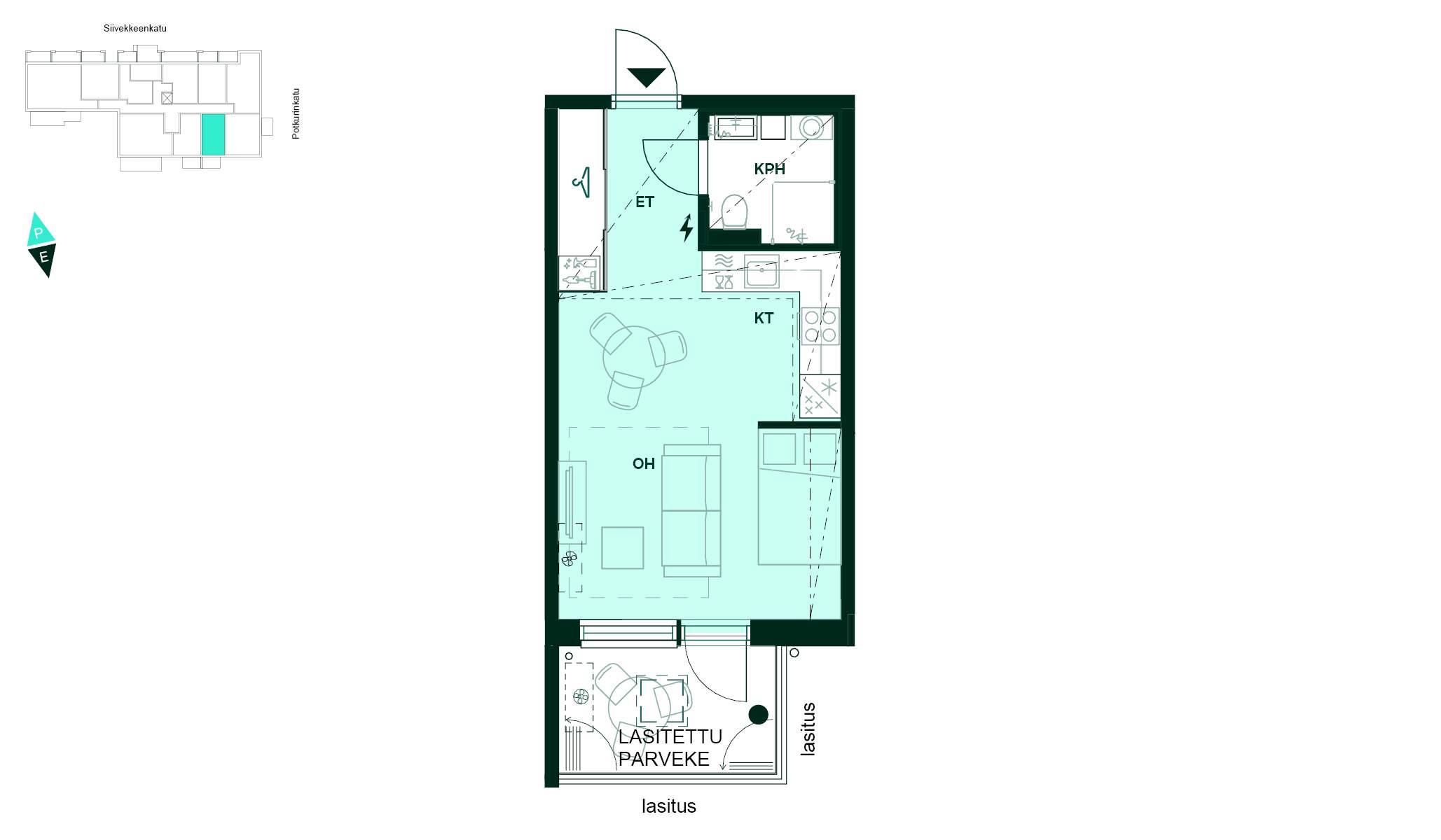 Pohjapiirros - Pohjakuva, 1h+kt, 30,5 m²: avokeittiö ja olohuone, kylpyhuone ja lasitettu parveke.