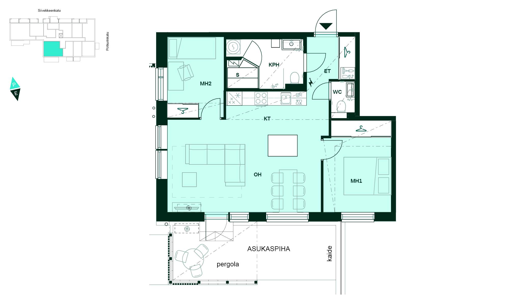 Pohjapiirros - Pohjakuva, 3h+kt+s, 64,5 m²: kaksi makuuhuonetta, avokeittiö ja olohuone, sauna, kylpyhuone ja lasitettu parveke.