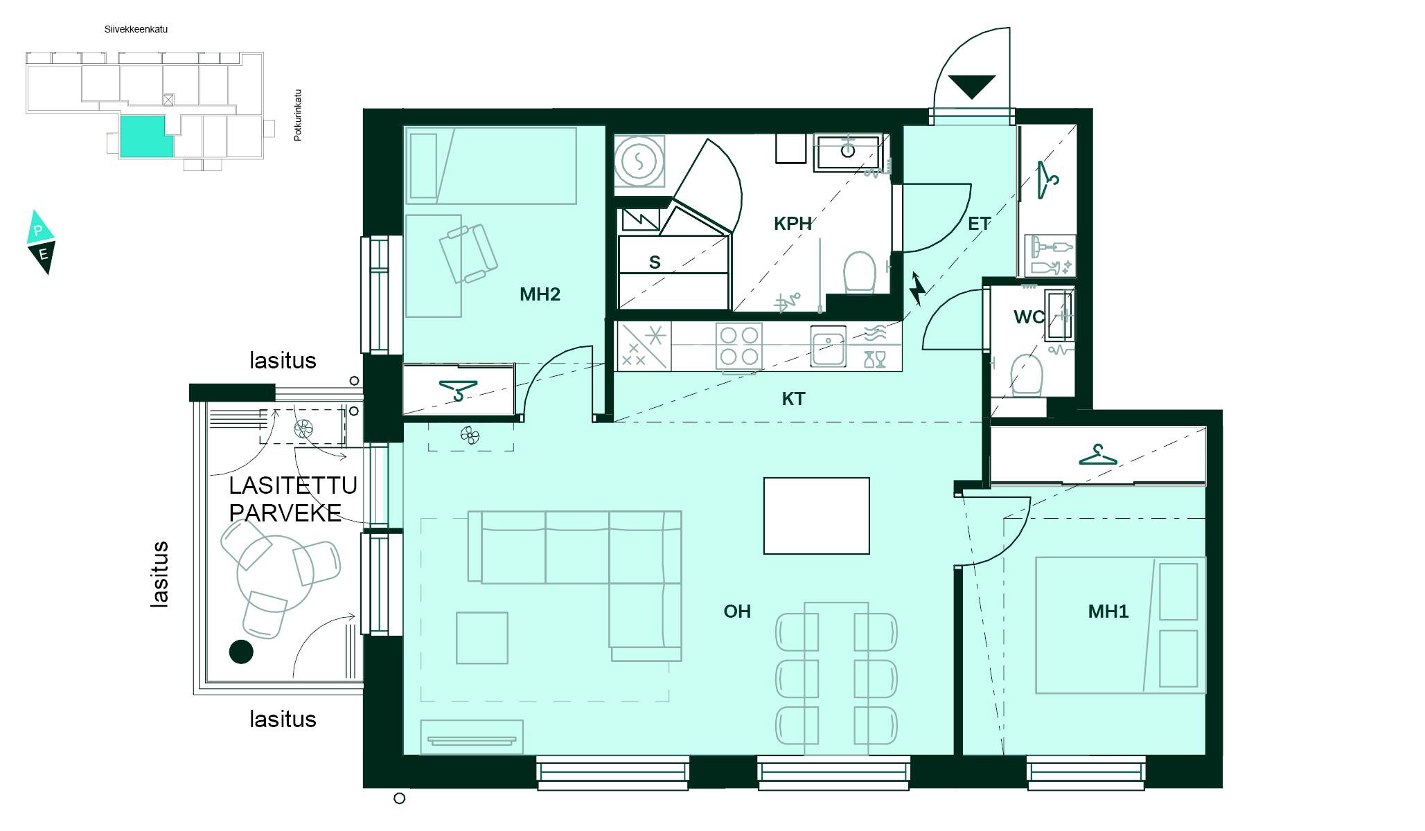 Pohjapiirros - Pohjakuva, 3h+kt+s, 64,5 m²: kaksi makuuhuonetta, avokeittiö ja olohuone, sauna, kylpyhuone ja lasitettu parveke.