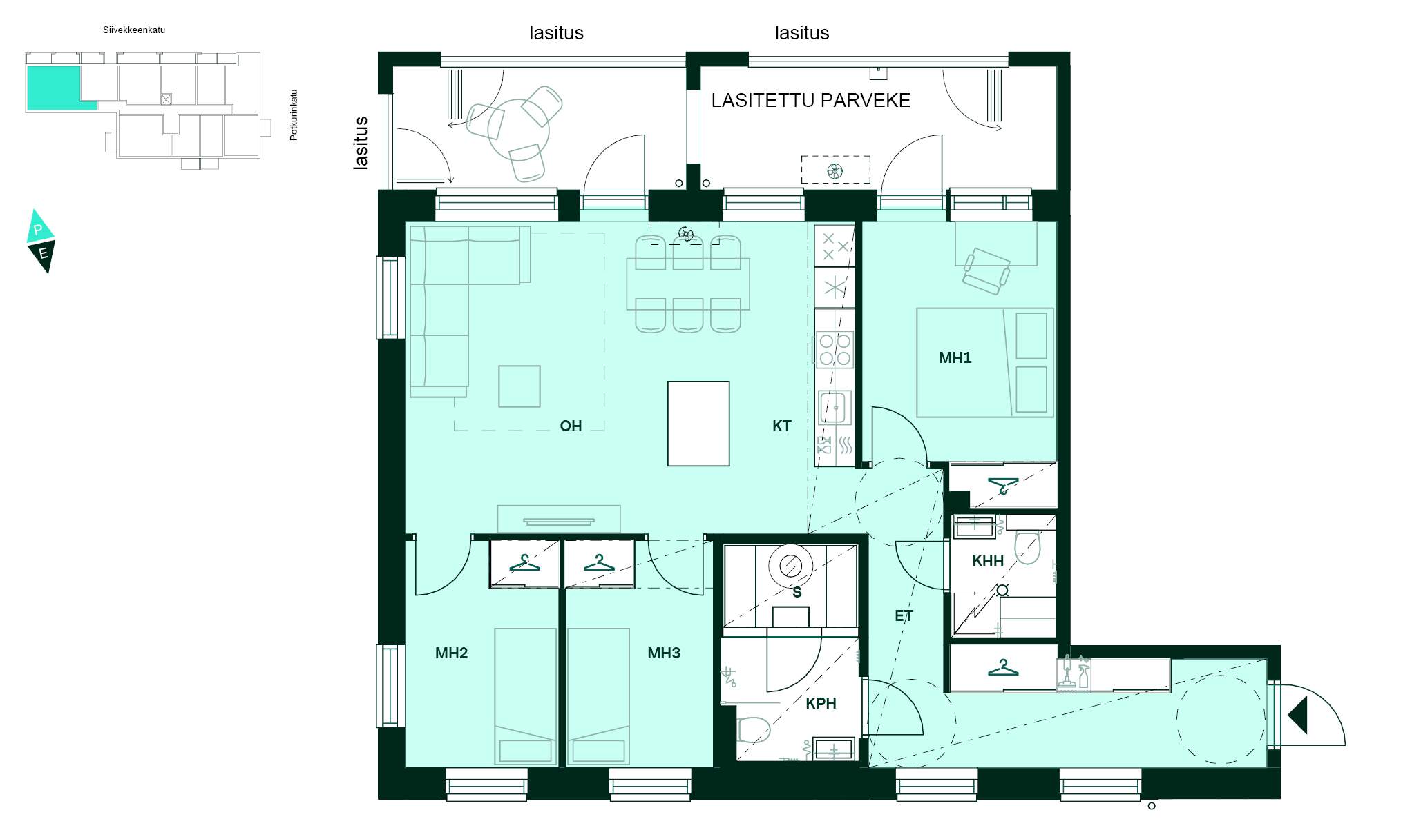 Pohjapiirros - Pohjakuva, 3–4h+kt+s, 81,5 m²: kolme makuuhuonetta, avokeittiö ja olohuone, sauna ja lasitettu parveke.