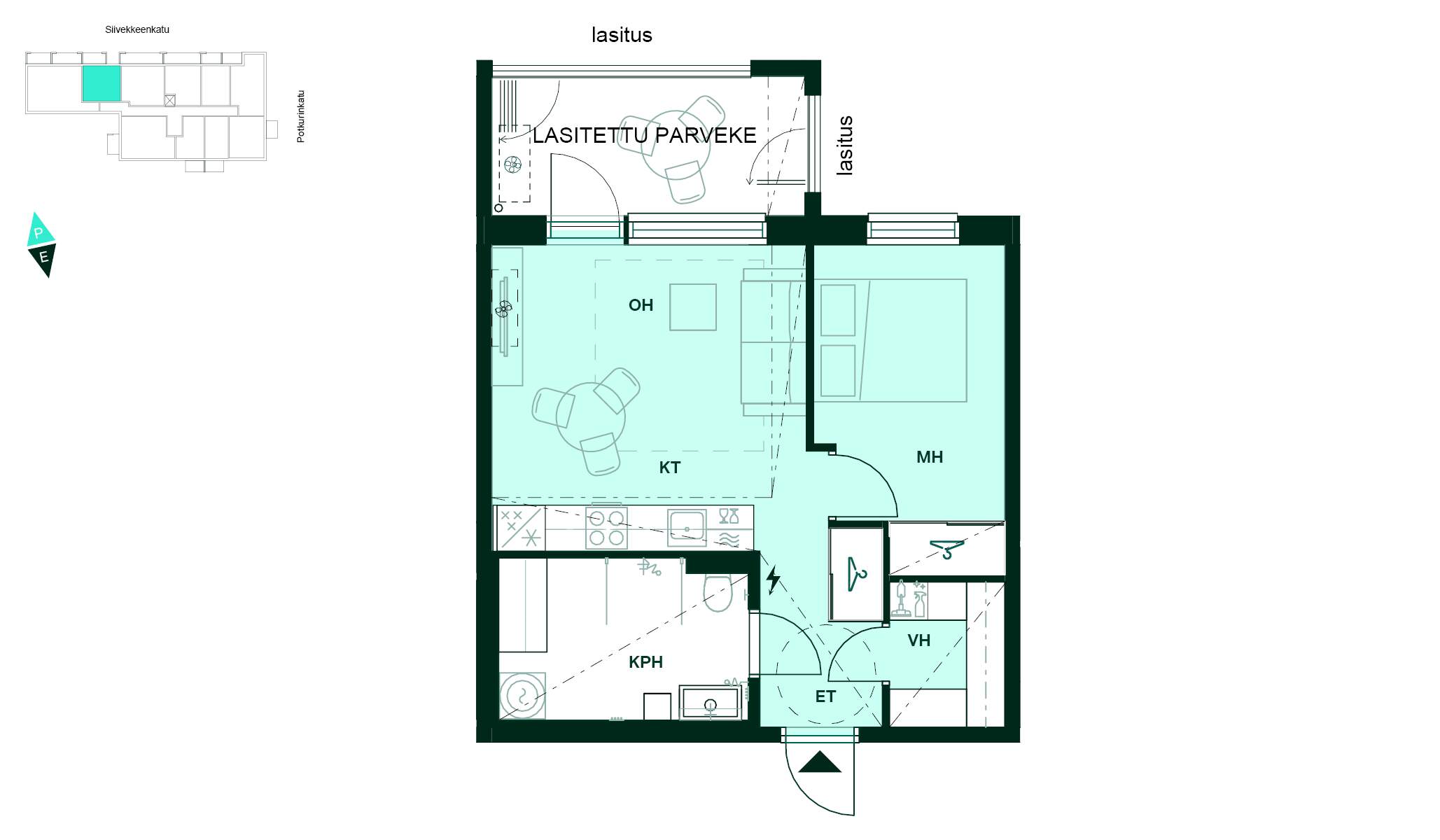 Pohjapiirros - Pohjakuva, 2h+kt+s, 42 m², olohuone, avokeittiö, makuuhuone, vaatehuone sekä kylpyhuone, jossa kodinhoitotila.