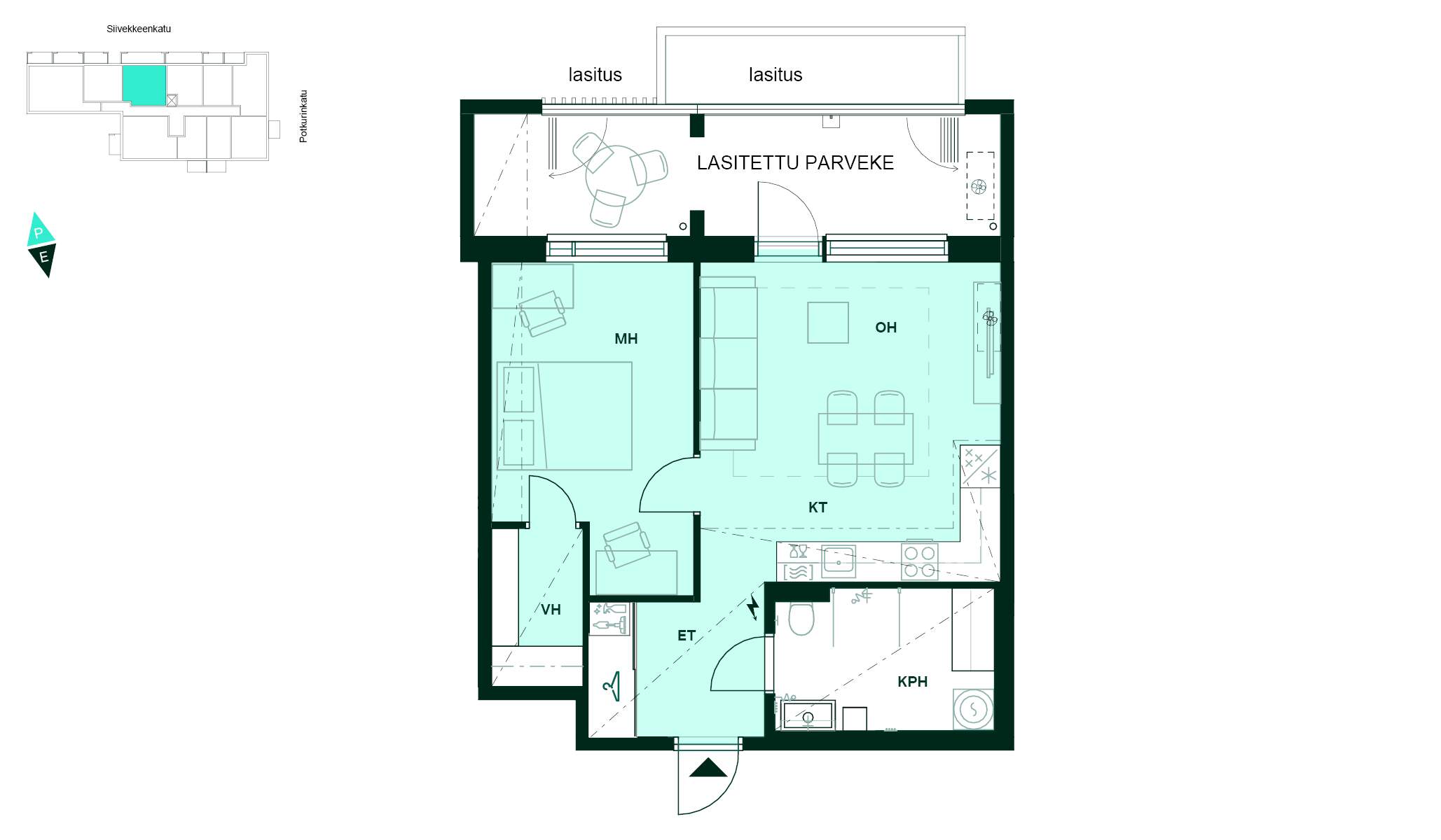 Pohjapiirros - Pohjakuva, 2h+kt+s, 52 m²: makuuhuone, avokeittiö ja olohuone, kylpyhuone, jossa kodinhoitotila. Lasitettu parveke.