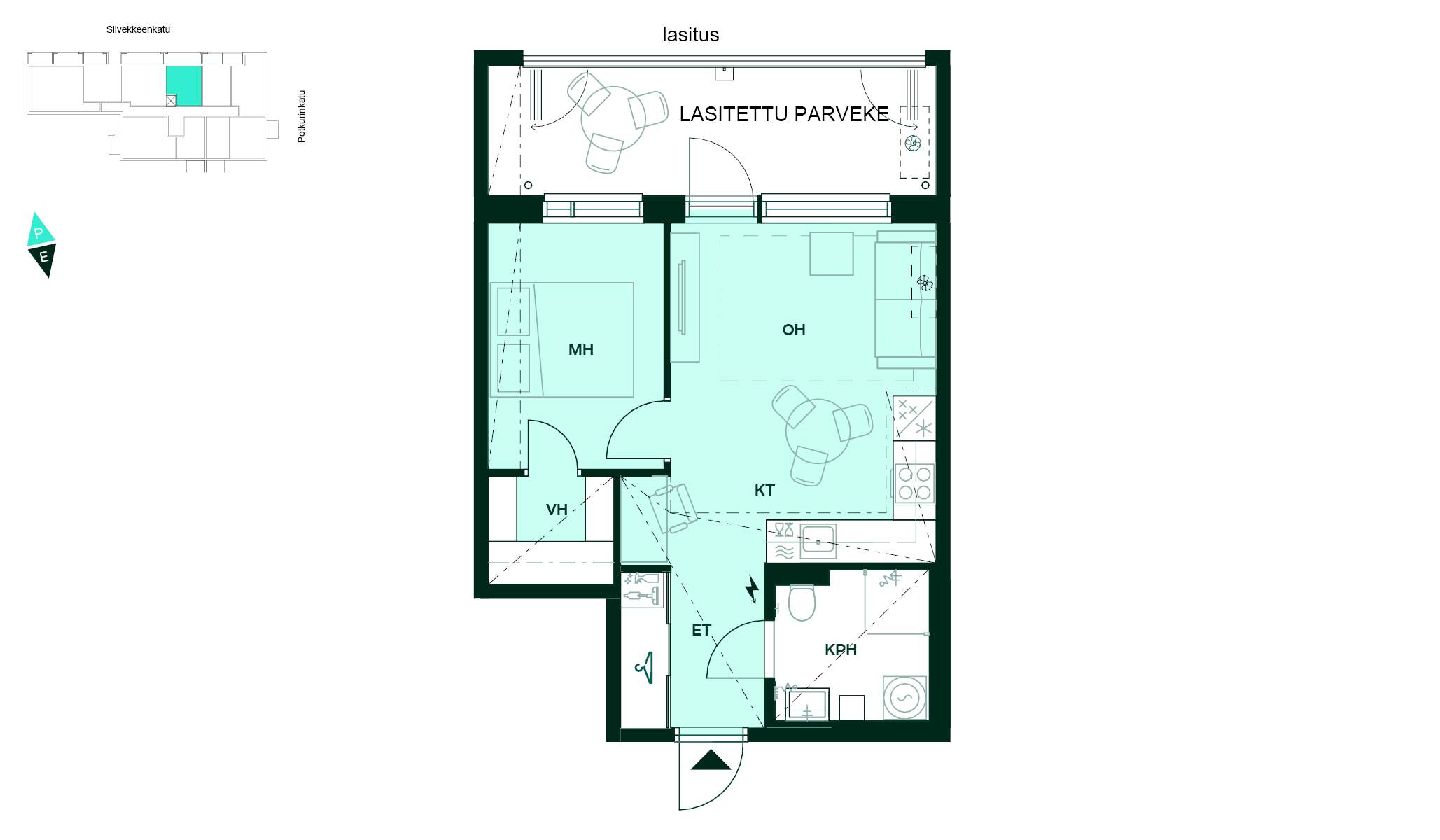 Pohjapiirros - Pohjakuva, 2h+kt, 40,5 m²: makuuhuone, avokeittiö ja olohuone, kylpyhuone ja lasitettu parveke.