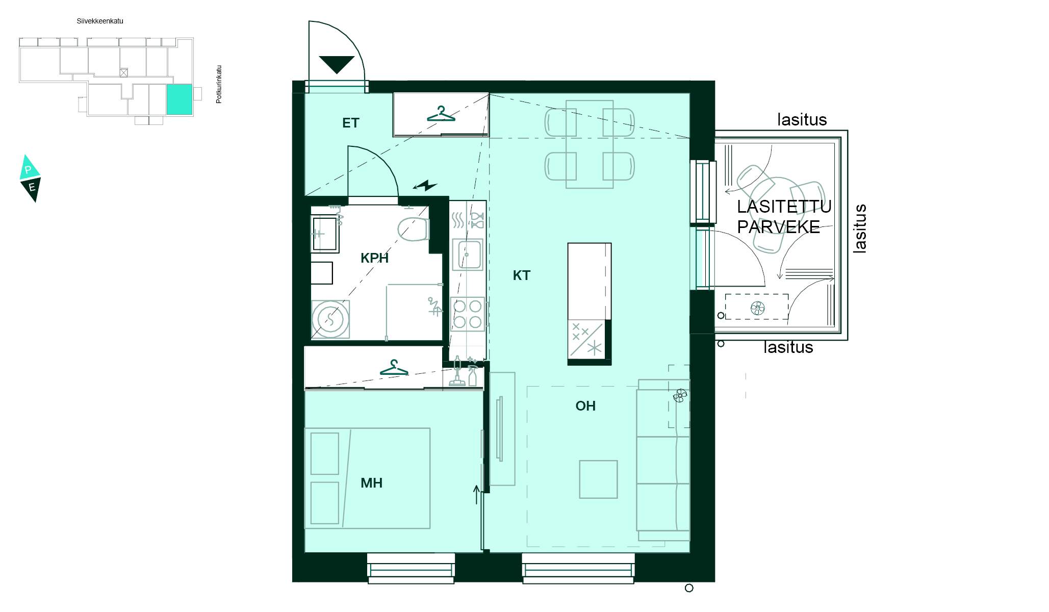 Pohjapiirros - Pohjakuva, 2h+kt, 45 m²: makuuhuone, avokeittiö saarekkeella, olohuone, kylpyhuone ja lasitettu parveke.