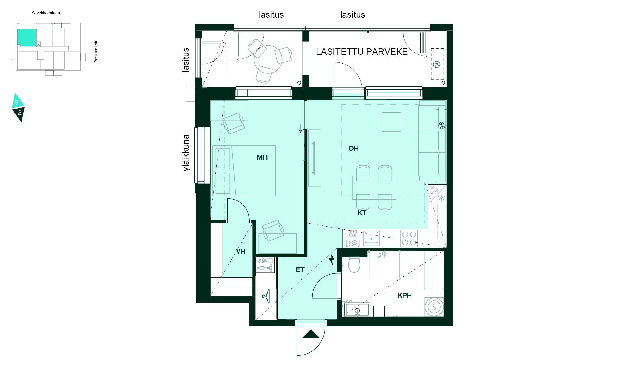 Pohjapiirros - Pohjakuva, 2h+kt+s, 52 m²: makuuhuone, avokeittiö ja olohuone, kylpyhuone, jossa kodinhoitotila. Lasitettu parveke.