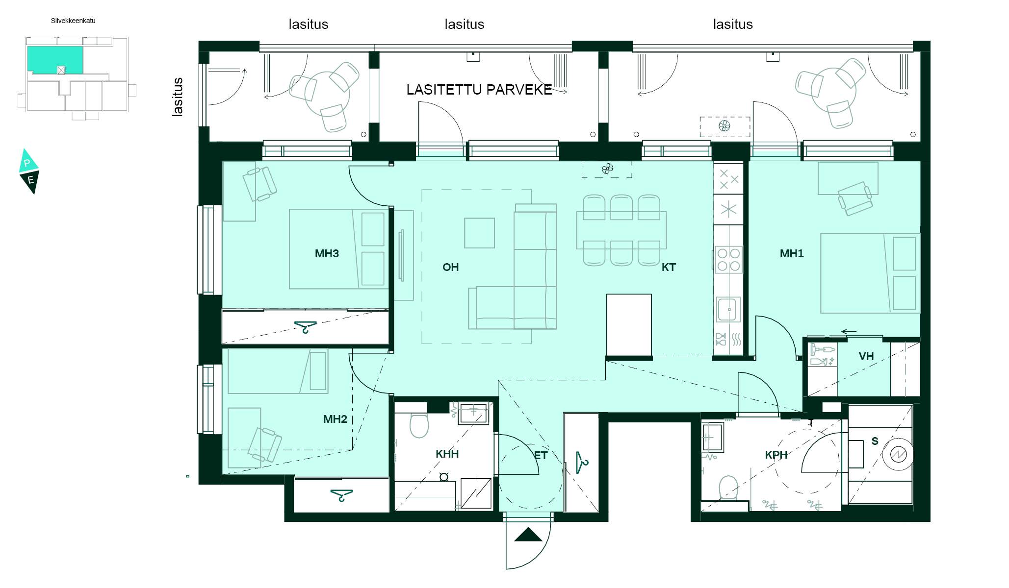 Pohjapiirros - Pohjakuva, 3–4h+kt+s, 93,5 m²: kolme makuuhuonetta, avokeittiö ja olohuone, sauna ja lasitettu parveke.