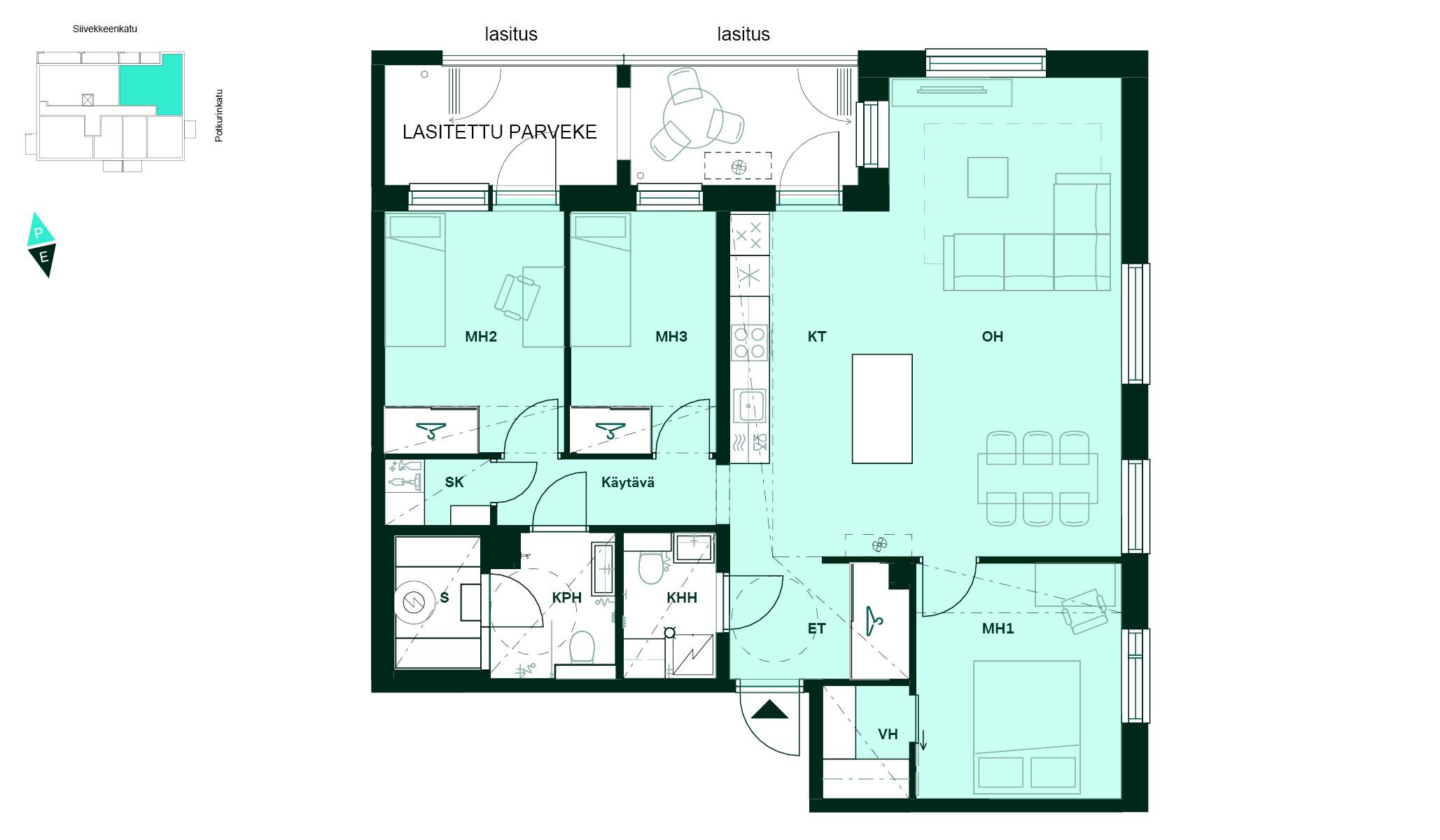 Pohjapiirros - Pohjakuva, 3–4h+kt+s, 92 m²: kolme makuuhuonetta, avokeittiö ja olohuone, sauna, kylpyhuone ja lasitettu parveke.