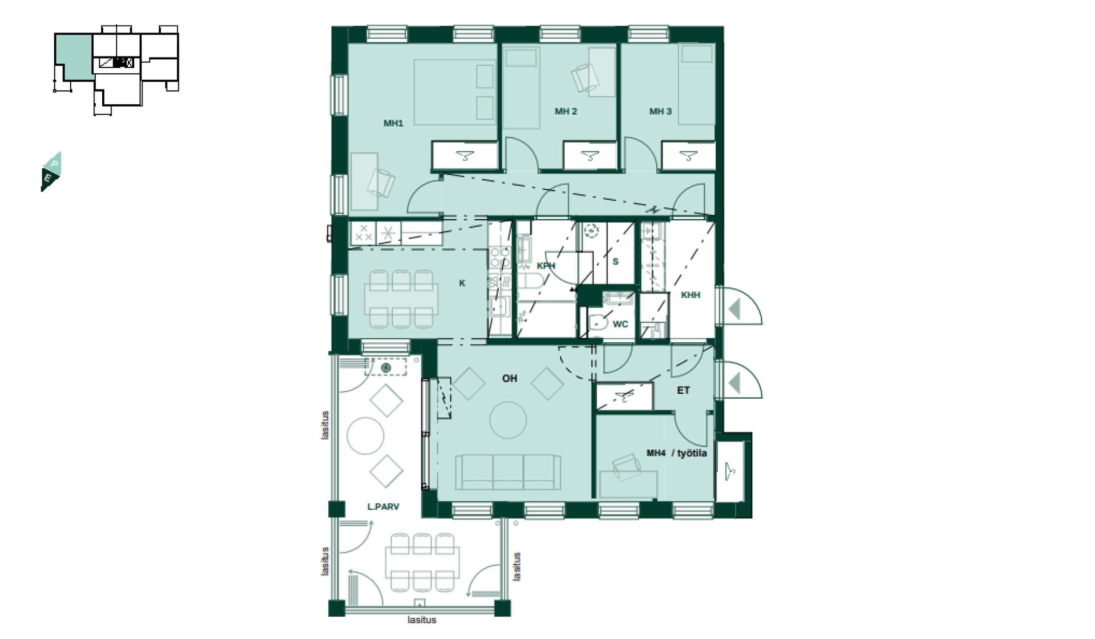 Asunnon pohjapiirros: 93,5 m², 4-6h+k+khh+s.