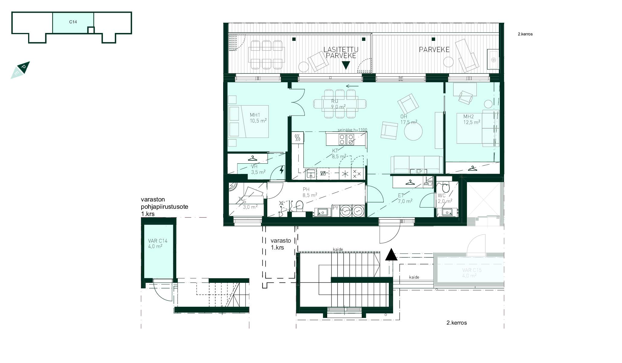 Kodin pohjapiirros Tuulikello 3 C 14 (3h+kt+s, 85 m² + varasto 4 m²) Pienkerrostalo Espoo Tapiola Tuulikello 3 C 14,(3h+kt+s, 85 m² + varasto 4 m²)