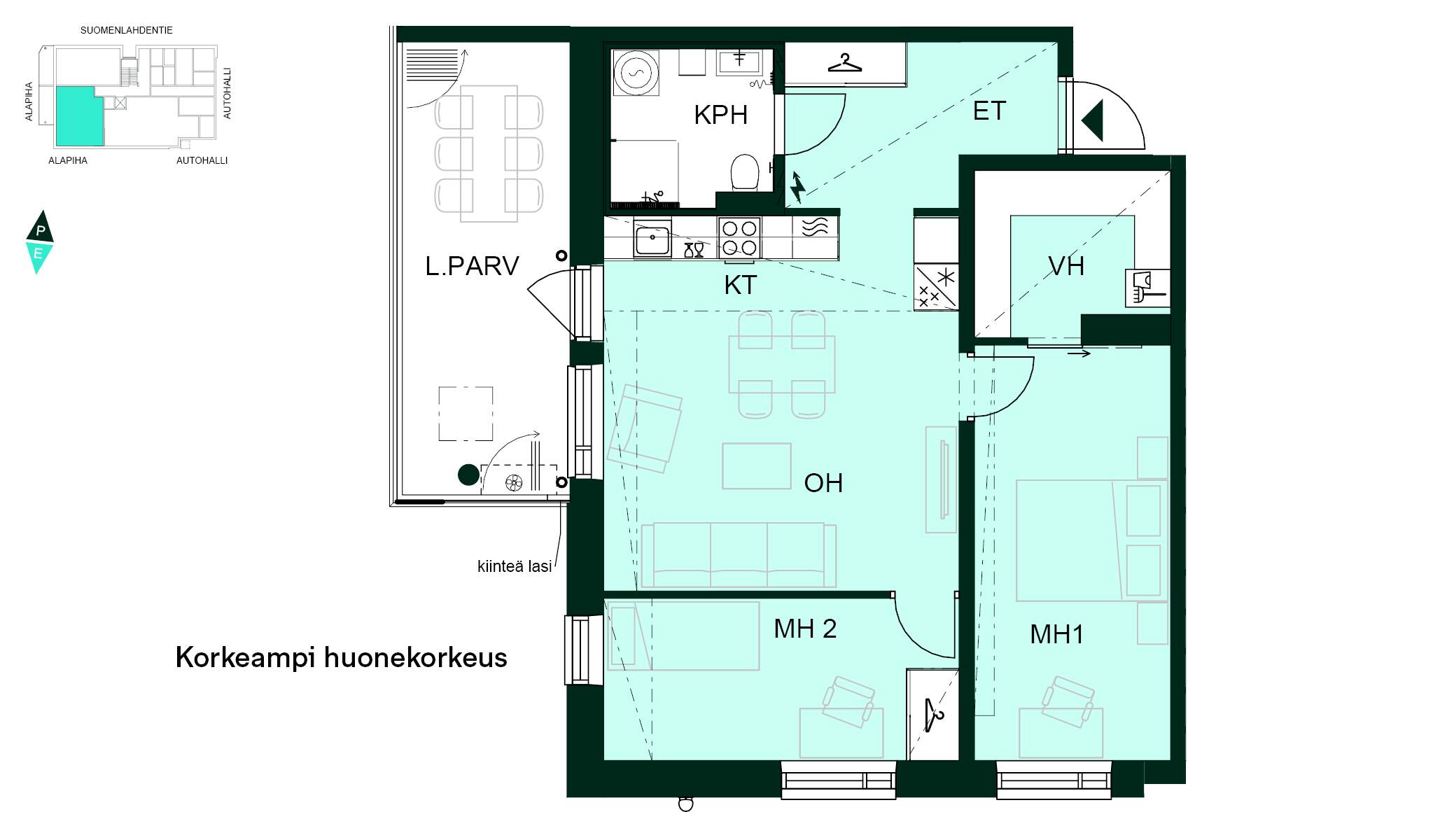 Kodin pohjapiirros (3h+kt, 67 m²) Pohjapiirros - Asunnon pohjapiirros: Kaksio, jossa olohuone, keittotila, kaksi makuuhuonetta, kylpyhuone, eteinen, vaatehuone ja lasitettu parveke. Korkeampi huonekorkeus mainittu.