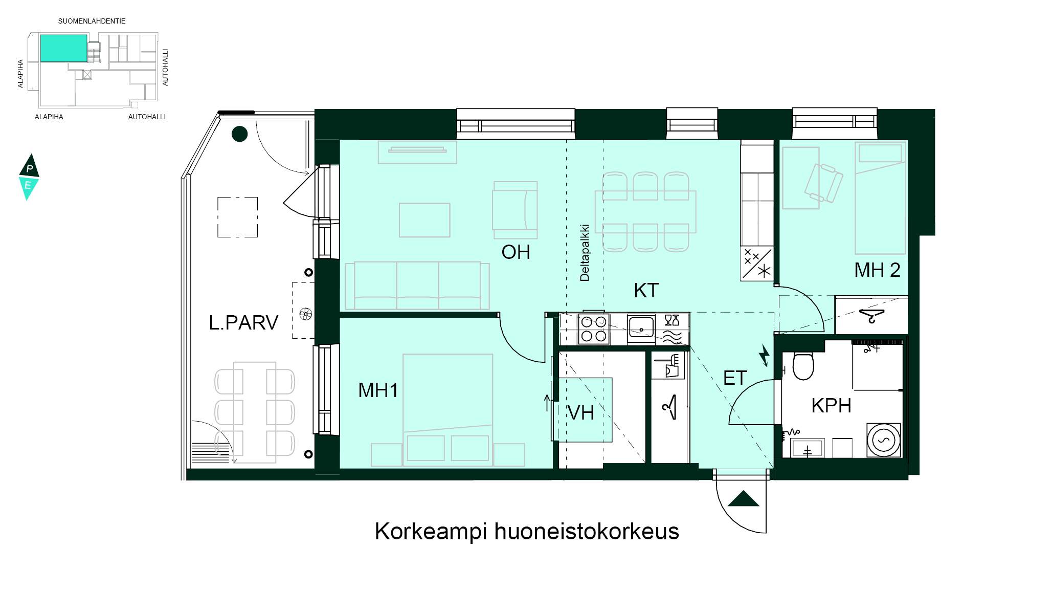 Kodin pohjapiirros (3h+kt, 59,5 m²) Kolmio, jossa kaksi makuuhuonetta, avokeittiö-olohuone, kylpyhuone, vaatehuone ja lasitettu parveke. Korkea huonekorkeus.