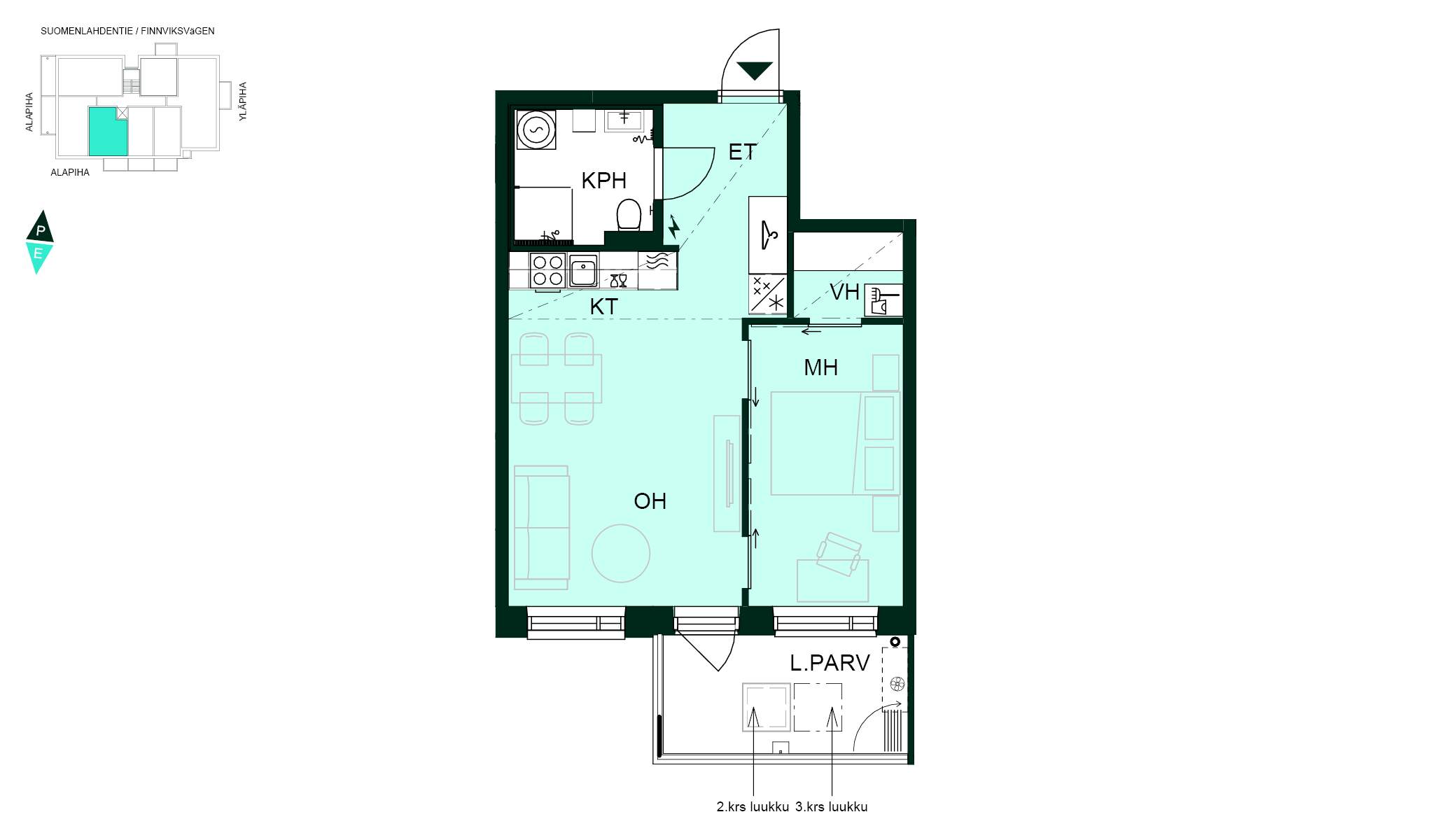 Kodin pohjapiirros (2h+kt, 44 m²) Kaksio, jossa makuuhuone ja vaatehuone, avokeittiö-olohuone, kylpyhuone sekä lasitettu parveke.