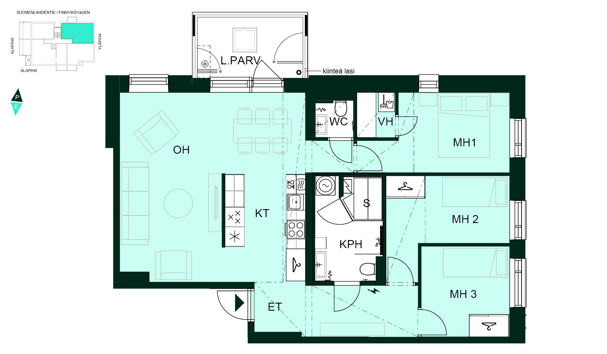 Kodin pohjapiirros (4h+kt+s, 83 m²) Neljän huoneen asunto, jossa kolme makuuhuonetta, avokeittiö-olohuone, sauna, kylpyhuone, erillinen wc, vaatehuone ja lasitettu parveke.