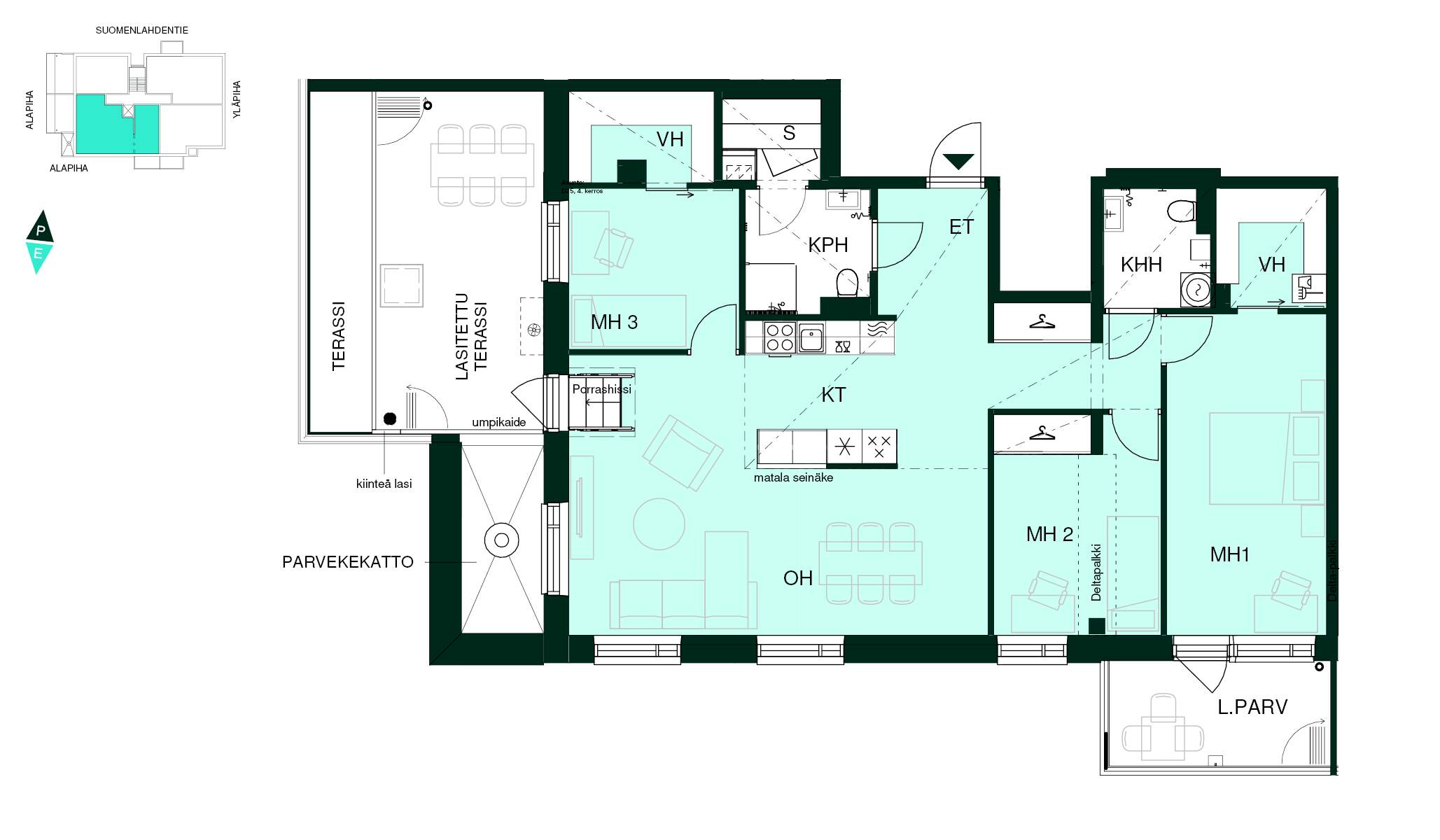 Kodin pohjapiirros (4h+kt+s, 107 m²) Pohjapiirros - Neljän huoneen asunto, jossa kolme makuuhuonetta, avokeittiö-olohuone, kaksi vaatehuonetta, sauna, kylpyhuone, kodinhoitohuone, lasitettu parveke ja lasitettu terassi.