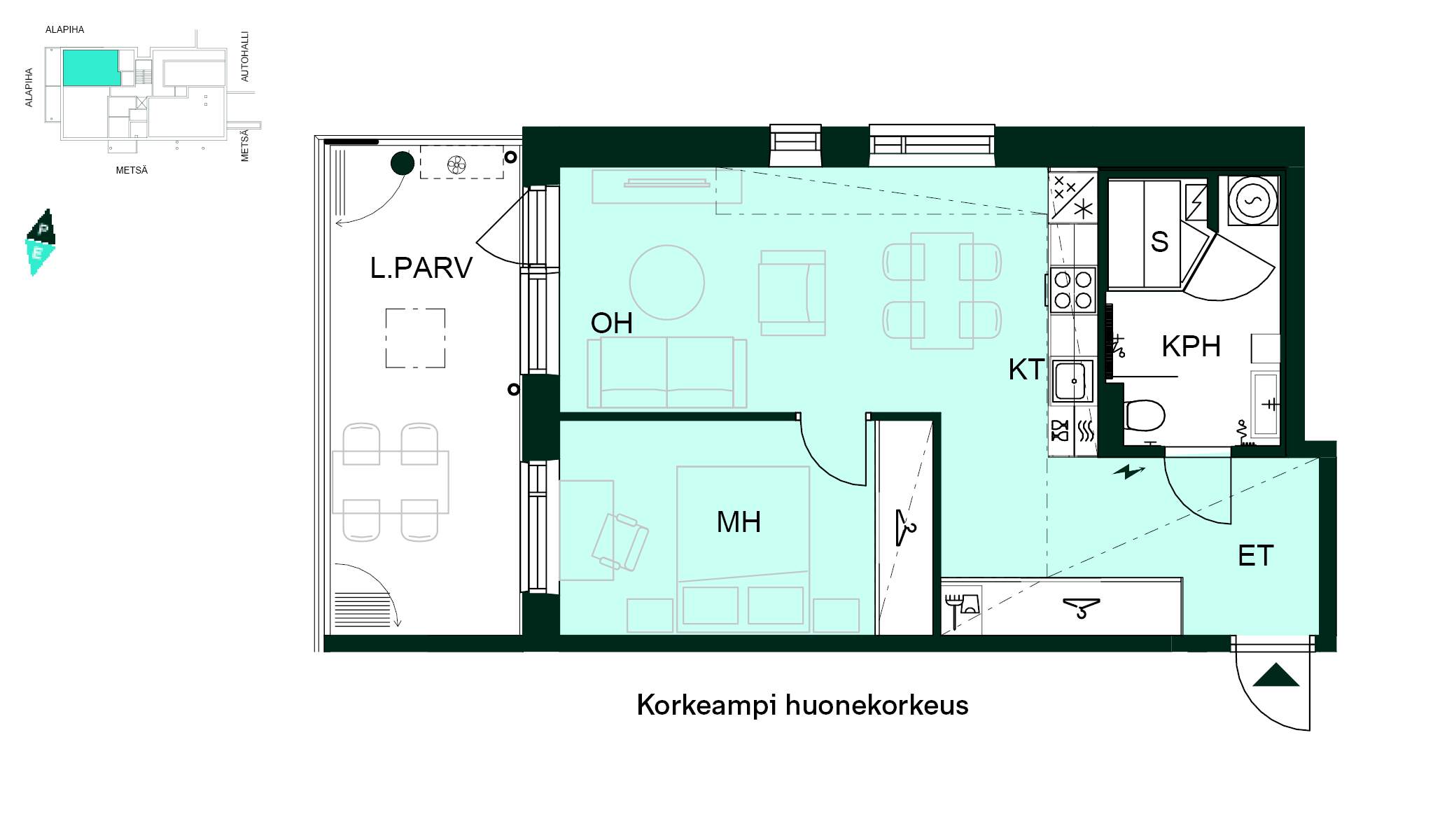 Pohjapiirros - Tässä kodissa on eteinen, keittiö, olohuone, makuuhuone, kylpyhuone ja lasitettu parveke. Korkeampi huonekorkeus tuo tilan tuntua.
