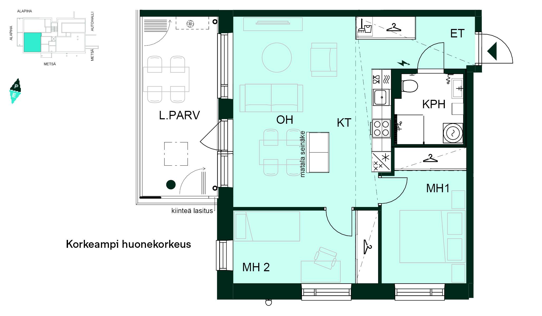 Kodin pohjapiirros (3h+kt, 58,5 m²) Kolmio, jossa kaksi makuuhuonetta, avokeittiö-olohuone, kylpyhuone ja lasitettu parveke. Normaalia korkeampi huonekorkeus.