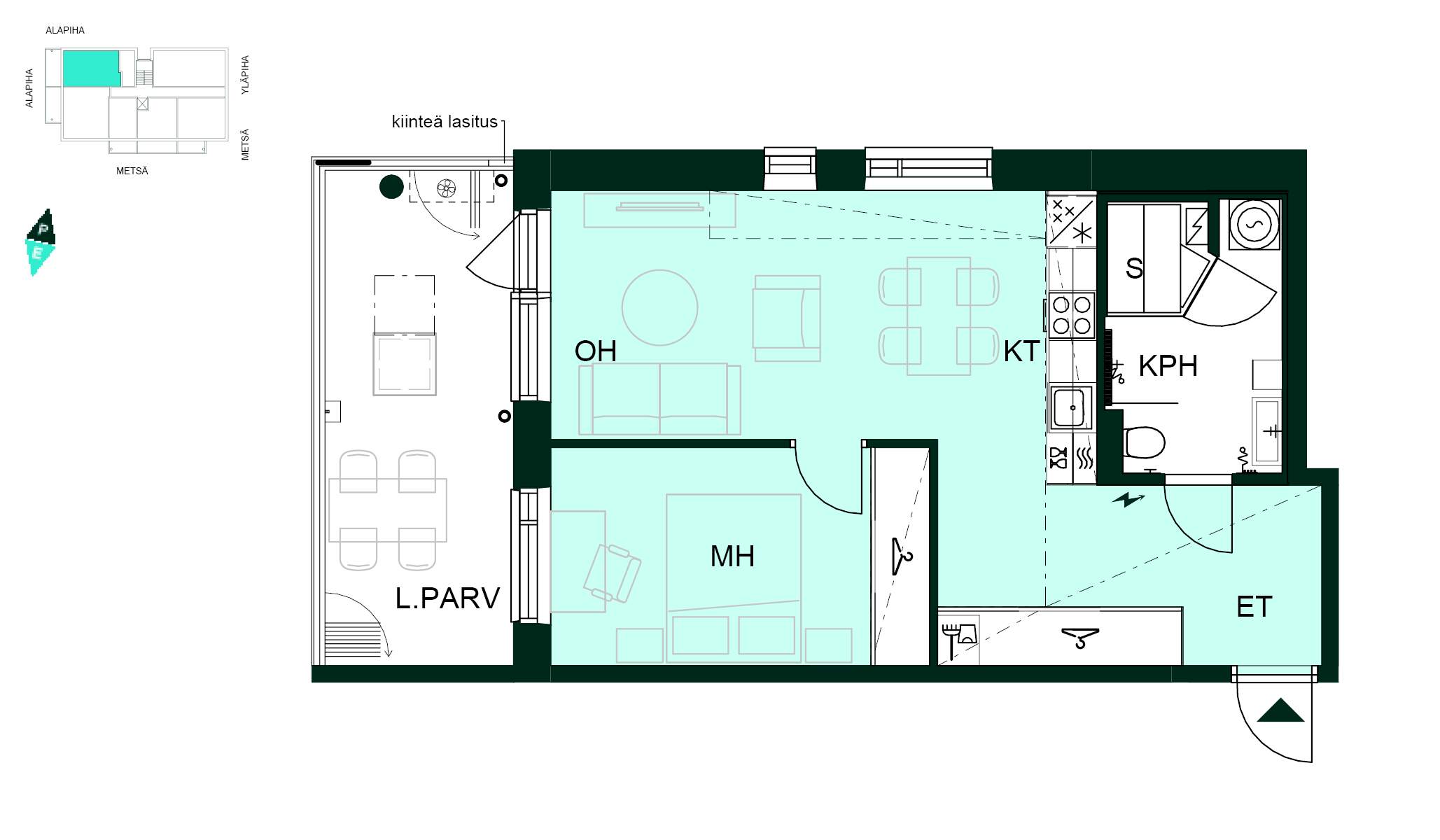 Kodin pohjapiirros (2h+kt+s, 50,5 m²) Tilava kaksio, jossa makuuhuone, avokeittiö-olohuone, kylpyhuone saunalla ja lasitettu parveke.