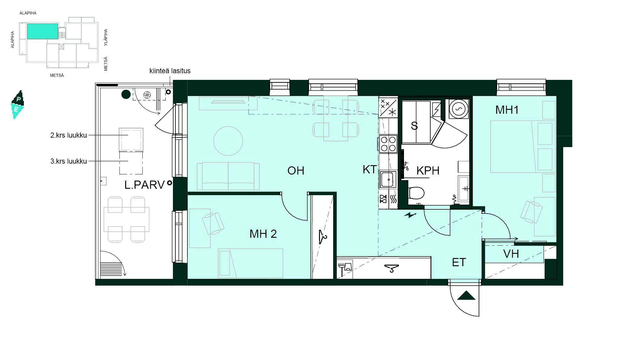 Kodin pohjapiirros (3h+kt+s, 64 m²) Kolmio, jossa kaksi makuuhuonetta, olohuone ja keittiö yhdistyvät avaraksi tilaksi. Makuuhuoneen yhteydessä on vaatehuone. Kylpyhuoneen yhteydessä on oma sauna. Asunnossa on myös lasitettu parveke.