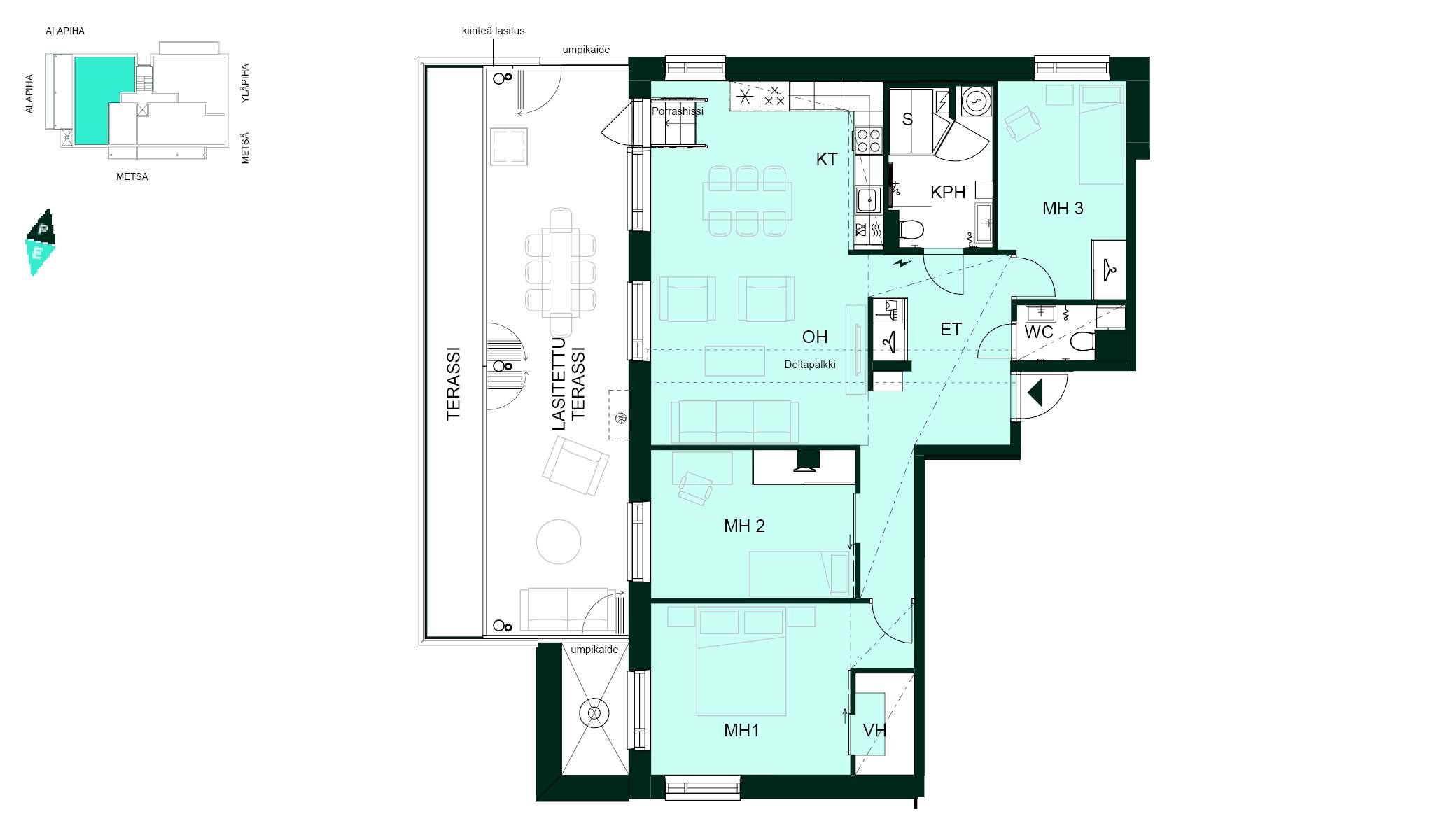 Kodin pohjapiirros (4h+kt+s, 102 m²) Tilava neljän huoneen koti, jossa kolme makuuhuonetta, keittiö-olohuone yhdistelmä ja oma sauna. Olohuoneesta avautuu suuri, osin lasitettu terassi. Asunnossa on erillinen WC, kylpyhuone sekä vaatehuone.