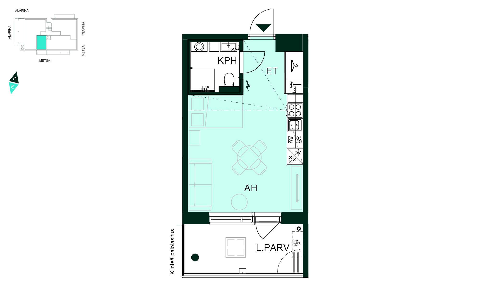 Kodin pohjapiirros (1h+kt, 27 m²) Pohjapiirros - Kompakti yksiö, jossa avara oleskelu- ja keittiötila ja kylpyhuone. Asunnossa on myös lasitettu parveke, joka tuo lisätilaa oleskeluun.
