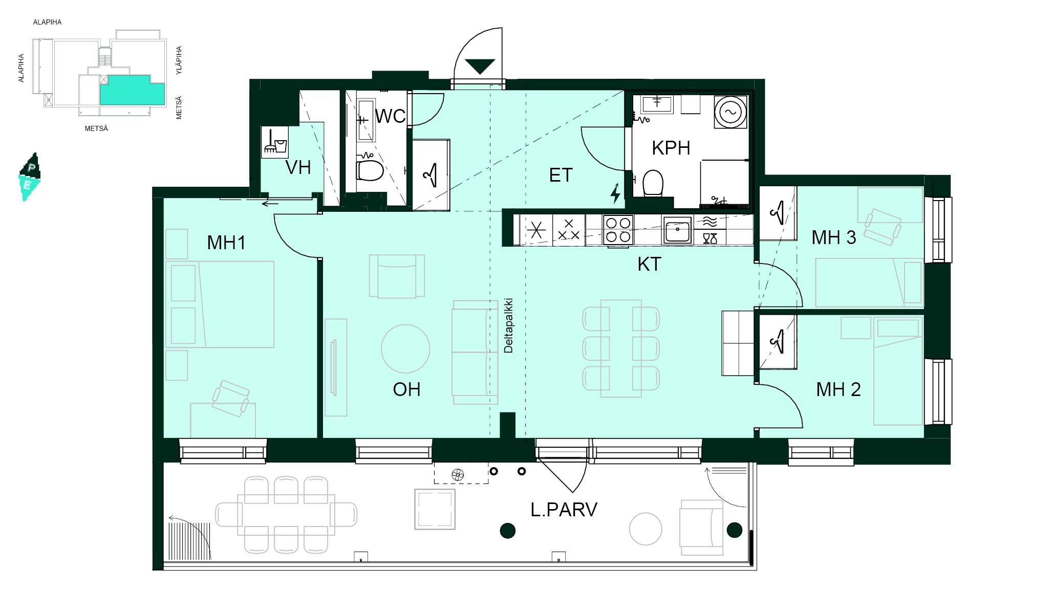 Kodin pohjapiirros (4h+kt, 81 m²) Kolmen makuuhuoneen kulmahuoneisto, jossa avara olohuone-keittiötila, kylpyhuone, erillinen wc, vaatehuone ja tilava lasitettu parveke. Kodissa on paljon säilytystilaa ja valoisa oleskelualue.