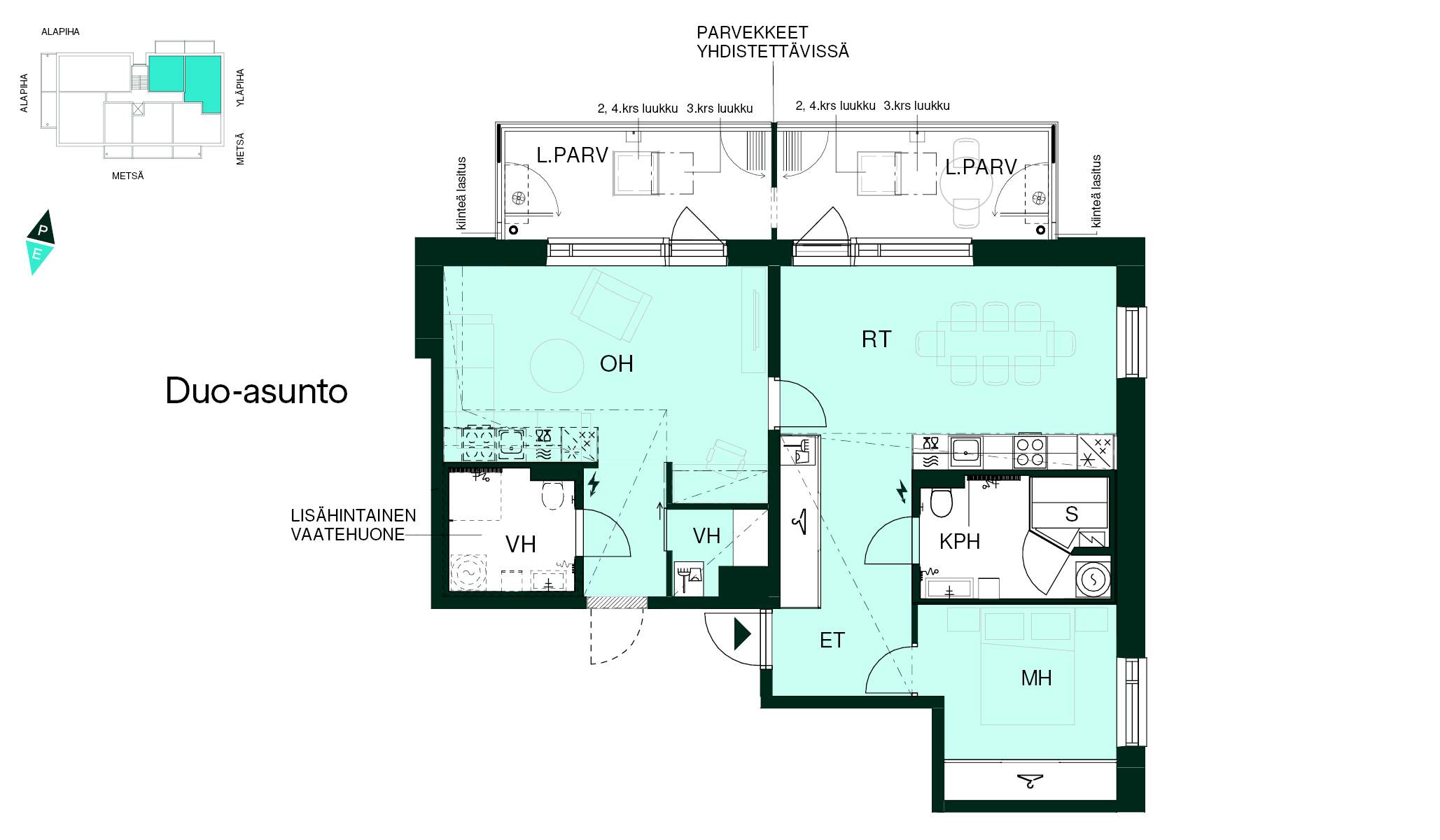 DUO-koti 3h+kt+s, 78,5 m² (47,5 m² +31,0 m²) Pohjapiirros - Pohjapiirros esittää Duo-asunnon, jossa on yksi makuuhuone, olohuone, ruokailutila, keittiö, kylpyhuone, eteinen, vaatehuone ja yhdistettävät parvekkeet.