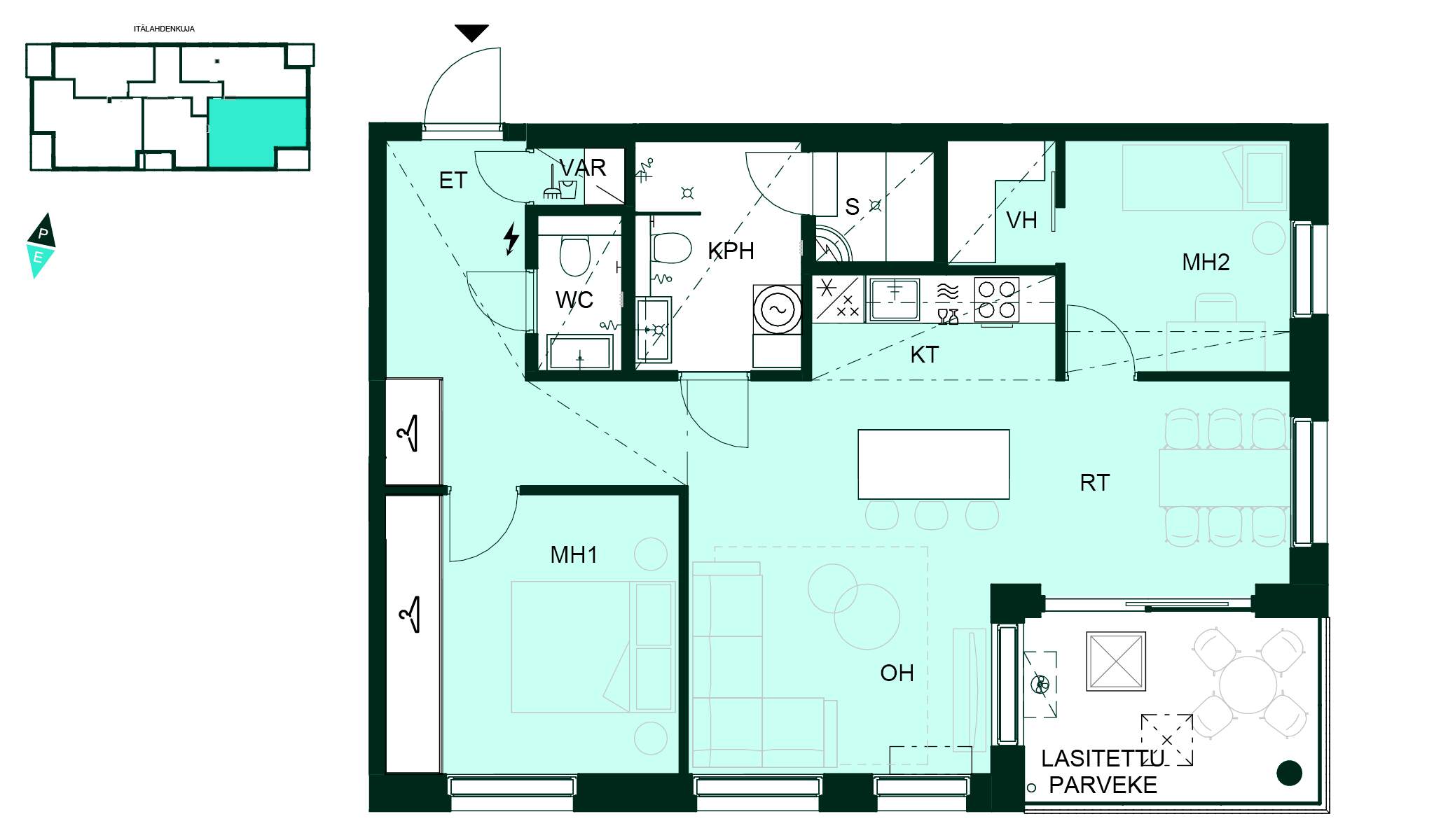 Toimiva kolmio, jossa kaksi makuuhuonetta, avara olohuone–keittiö ja lasitettu parveke (3h+kt+s, 77,5 m²). Pohjapiirros - Pohjakuva kolmiosta, jossa kaksi makuuhuonetta, olohuone–keittiö, kylpyhuone, sauna, erillinen WC ja lasitettu parveke.