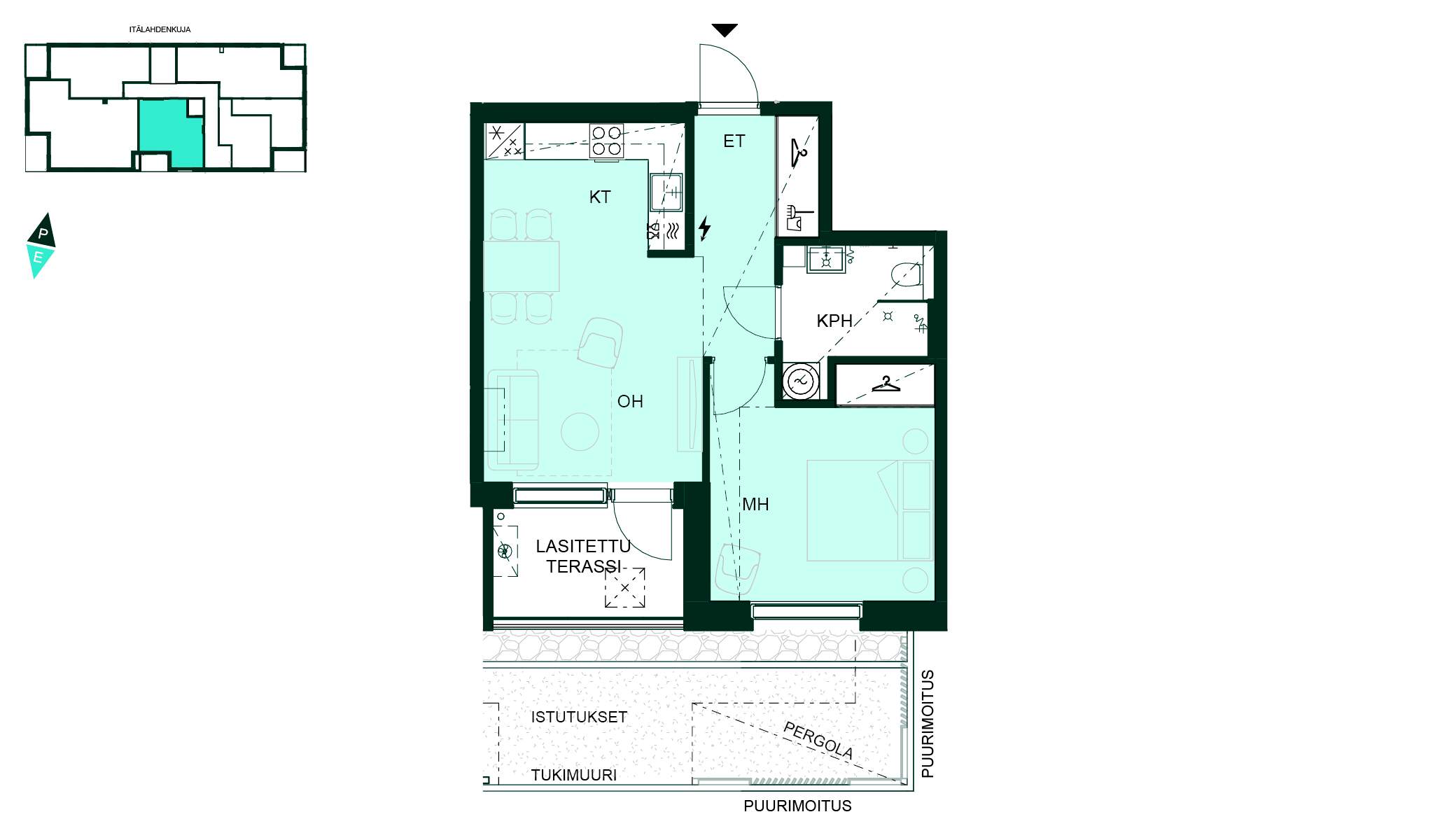Avara kaksio, jossa yhdistetty olohuone ja keittiö, makuuhuone säilytystiloilla sekä lasitettu terassi (2h+kt, 45 m²). Pohjapiirros - Pohjakuva kaksiosta, jossa olohuone–keittiö, makuuhuone, kylpyhuone ja lasitettu terassi.