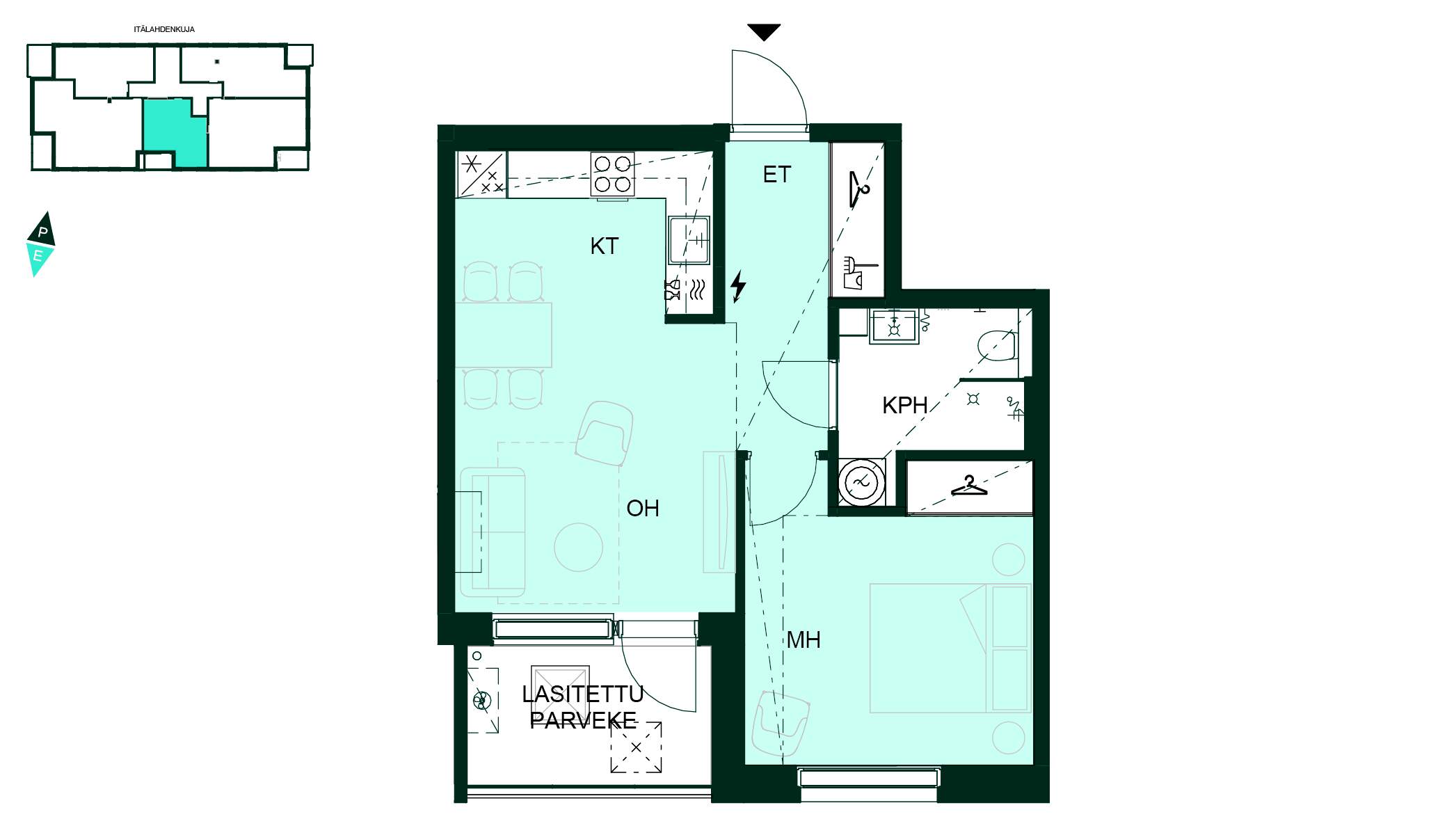 Tehokas kaksio, jossa avara olohuone–keittiö, tilava makuuhuone ja lasitettu parveke (2h+kt, 45 m²). Pohjapiirros - Pohjakuva kaksiosta, jossa olohuone–keittiö, makuuhuone, kylpyhuone ja lasitettu parveke.